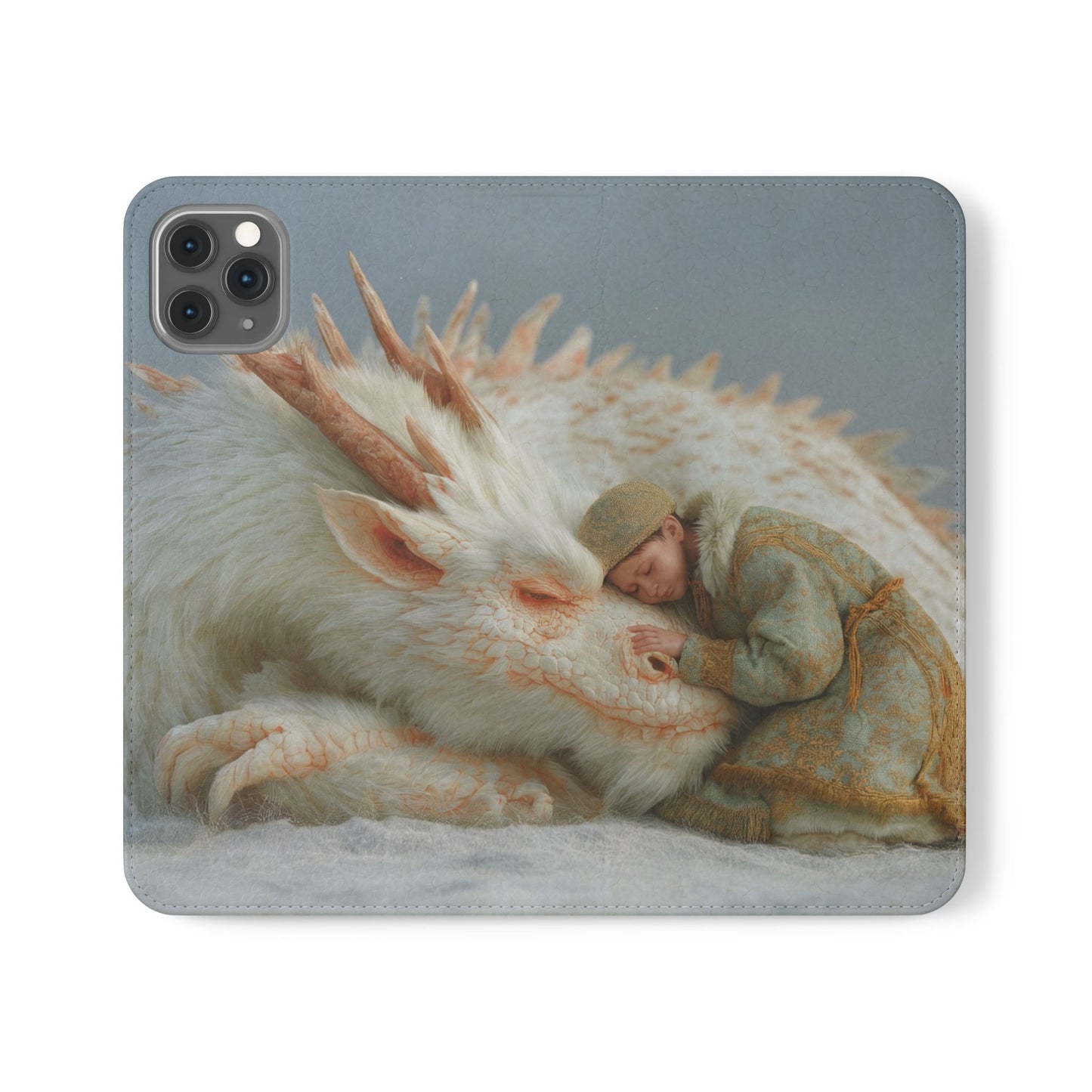 Sleeping Child and Dragon Flip Cases – Snowy Guardian Embrace