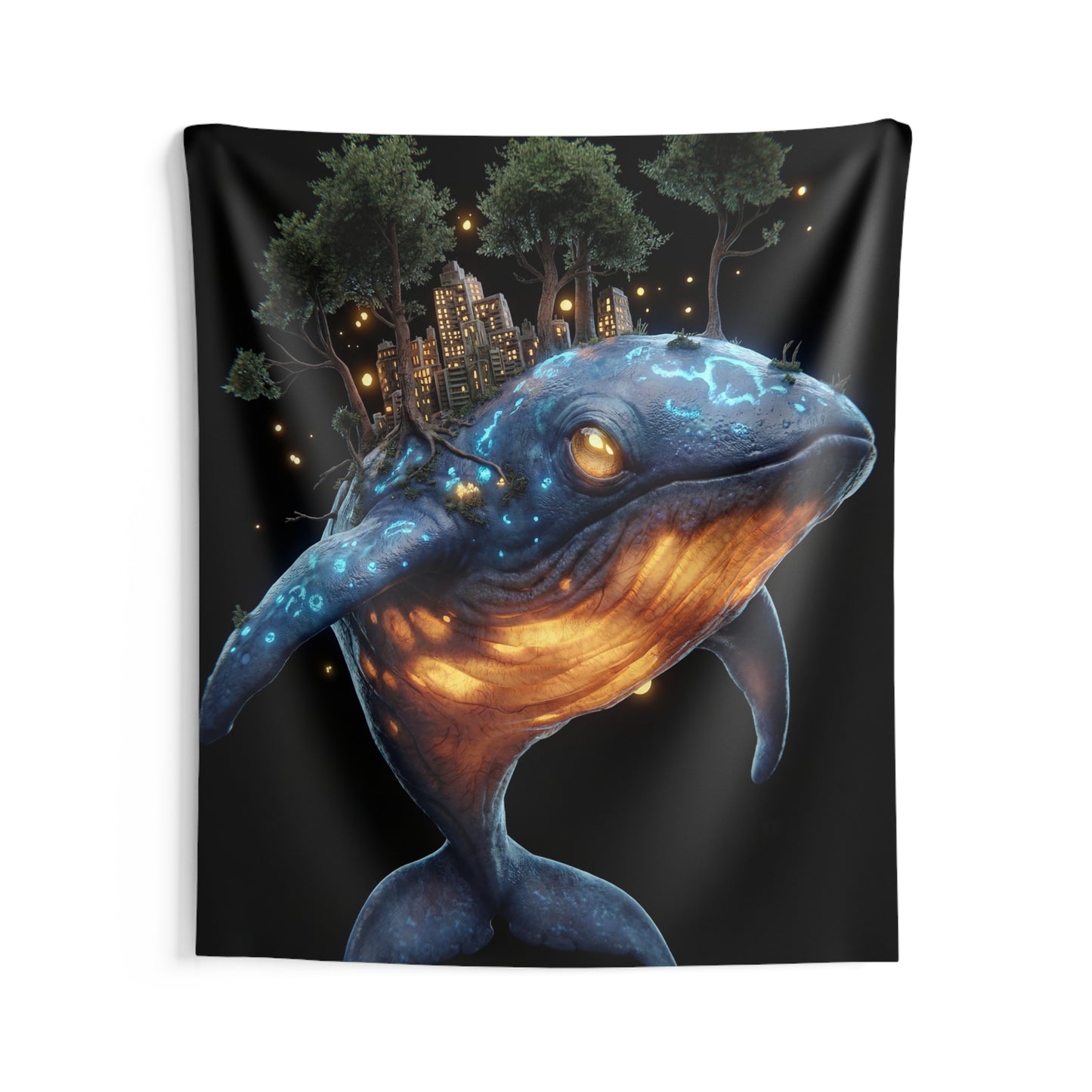 Celestial Whale Guardian Tapestry – Bioluminescent Cityscape on a Dreamer’s Back