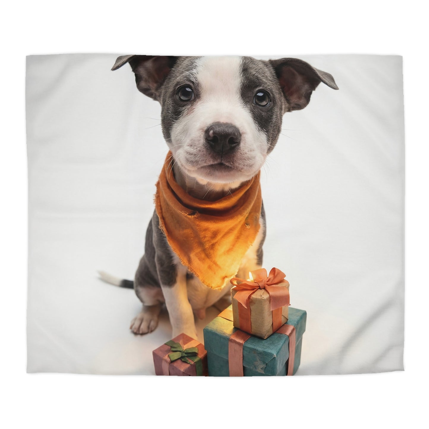 Gift-Wrapped Puppy Microfiber Duvet Cover – Warm Orange Accents on Soft White
