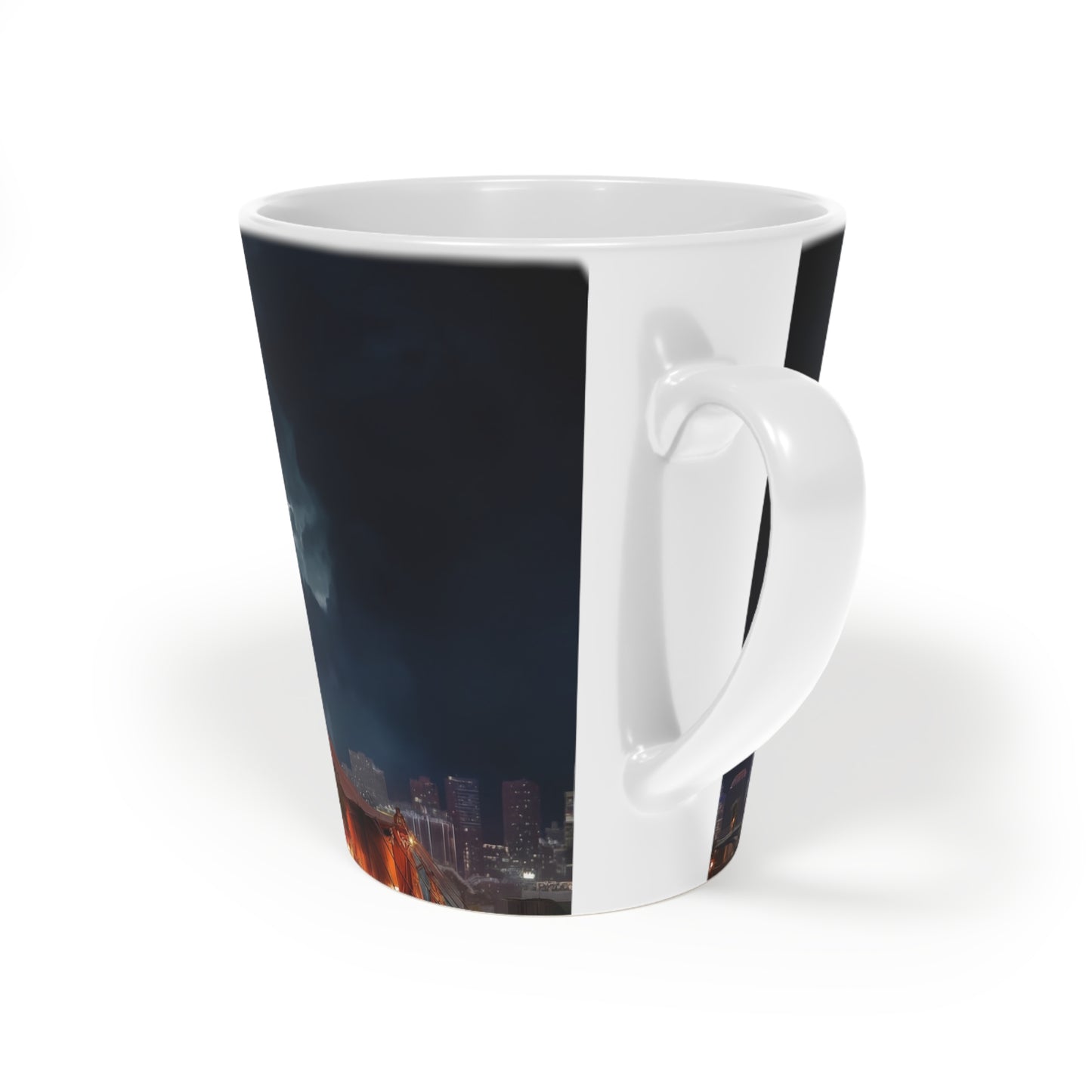 Crimson Circus Tent Latte Mug, 12oz – Neon Nightscape Under Stormy Skies