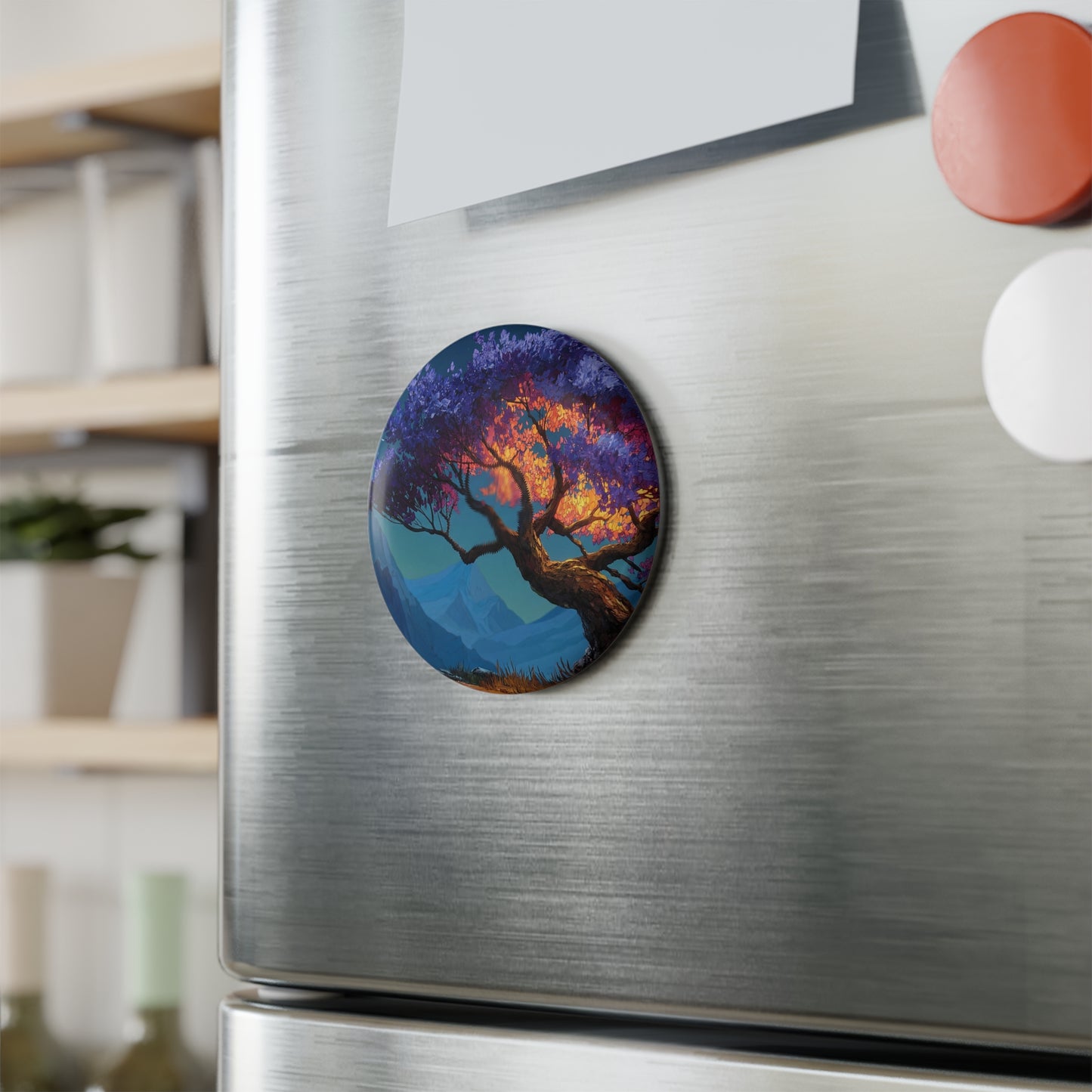 Starlit Twilight Tree Button Magnet, Round (1 & 10 pcs) – A Cosmic Bloom Against Snow-Capped Peaks