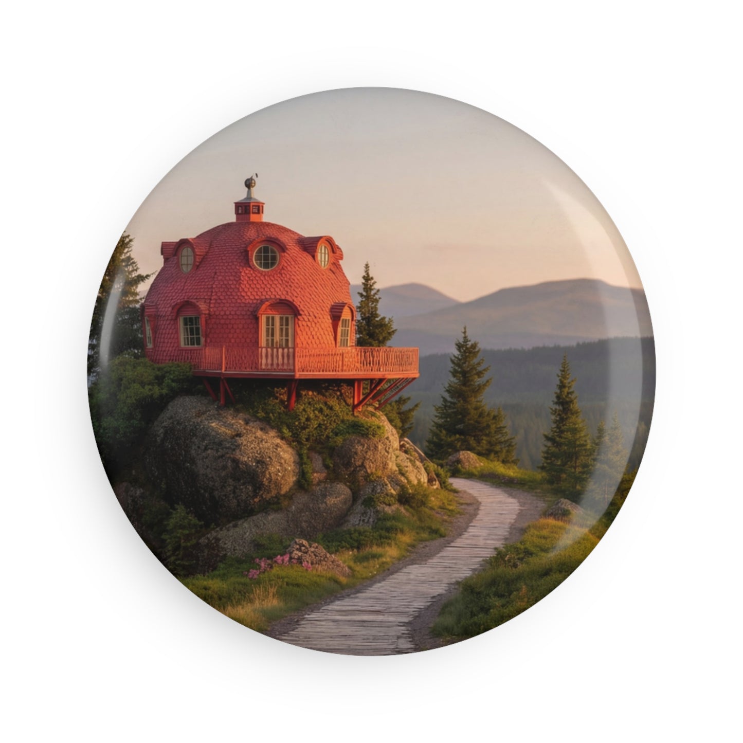 Red Dome House Button Magnet, Round (1 & 10 pcs) – Sunset Sentinel on the Mountain Ridge