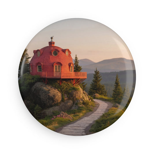 Red Dome House Button Magnet, Round (1 & 10 pcs) – Sunset Sentinel on the Mountain Ridge