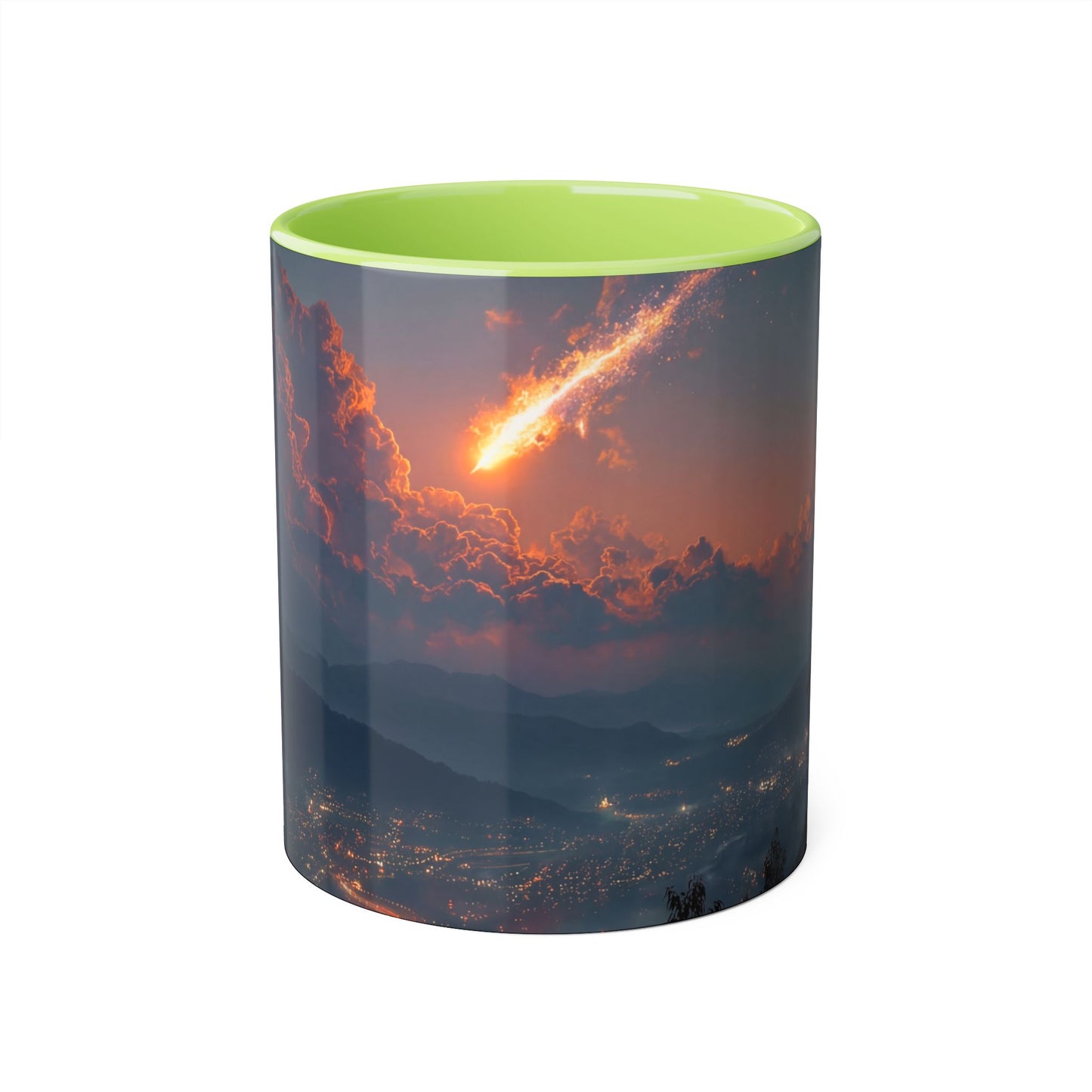 Meteor Over Valley Accent Mugs, 11oz – Fiery Skyfall from Twilight Cliffs