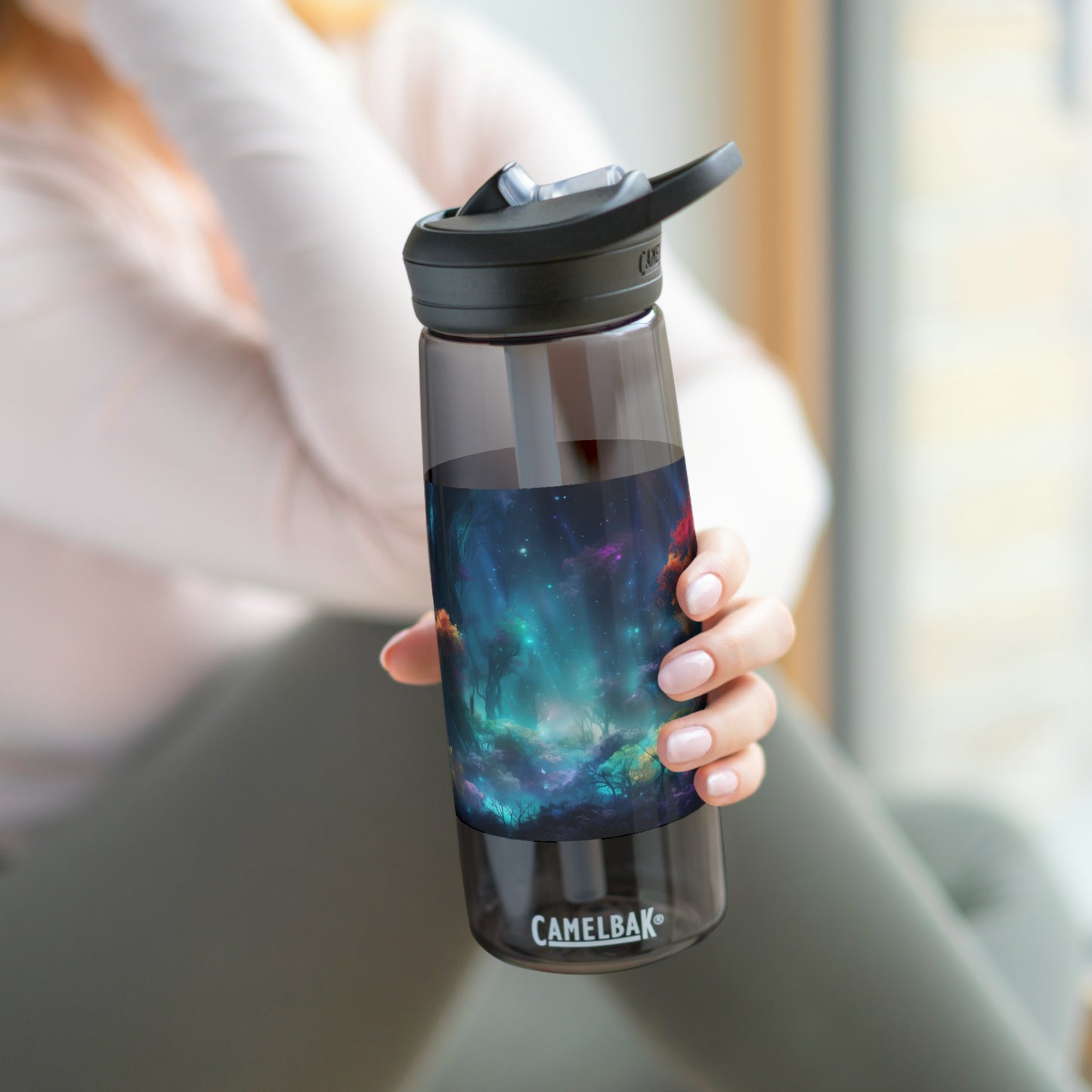 Panoramic digital art of an alien planet's mesmerizing bioluminescent forest, the towering trees adorned with glowing foliage in vivid shades of blue - CamelBak Eddy®  Water Bottle, 20oz\25oz