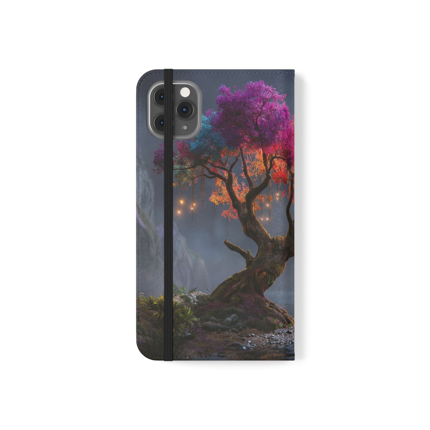 Chromatic Canopy Flip Cases – Rainbow Tree Moonlit Waterfall Scene