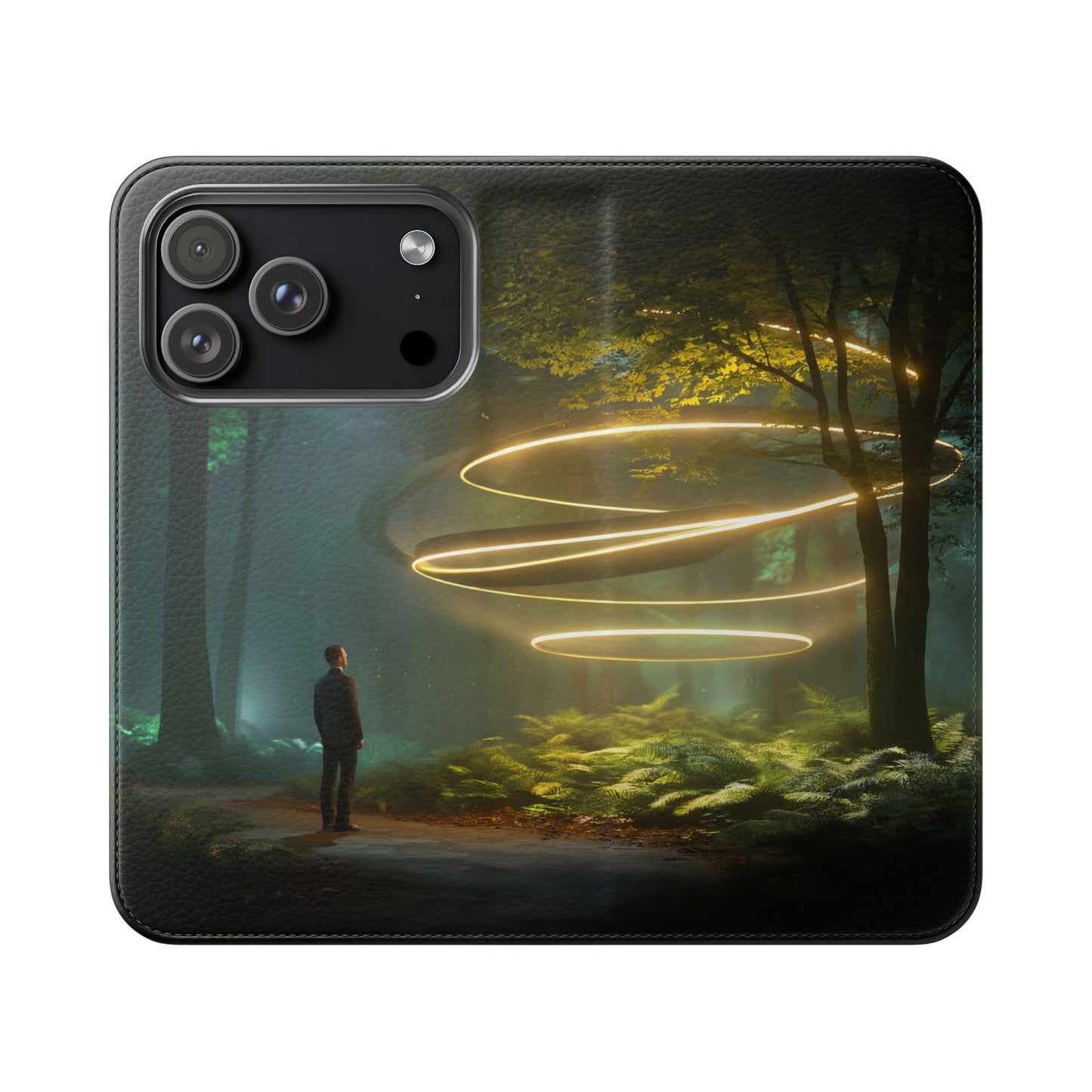 Luminous Spiral Forest Flip Cases – Golden Light Rings Mystery Scene