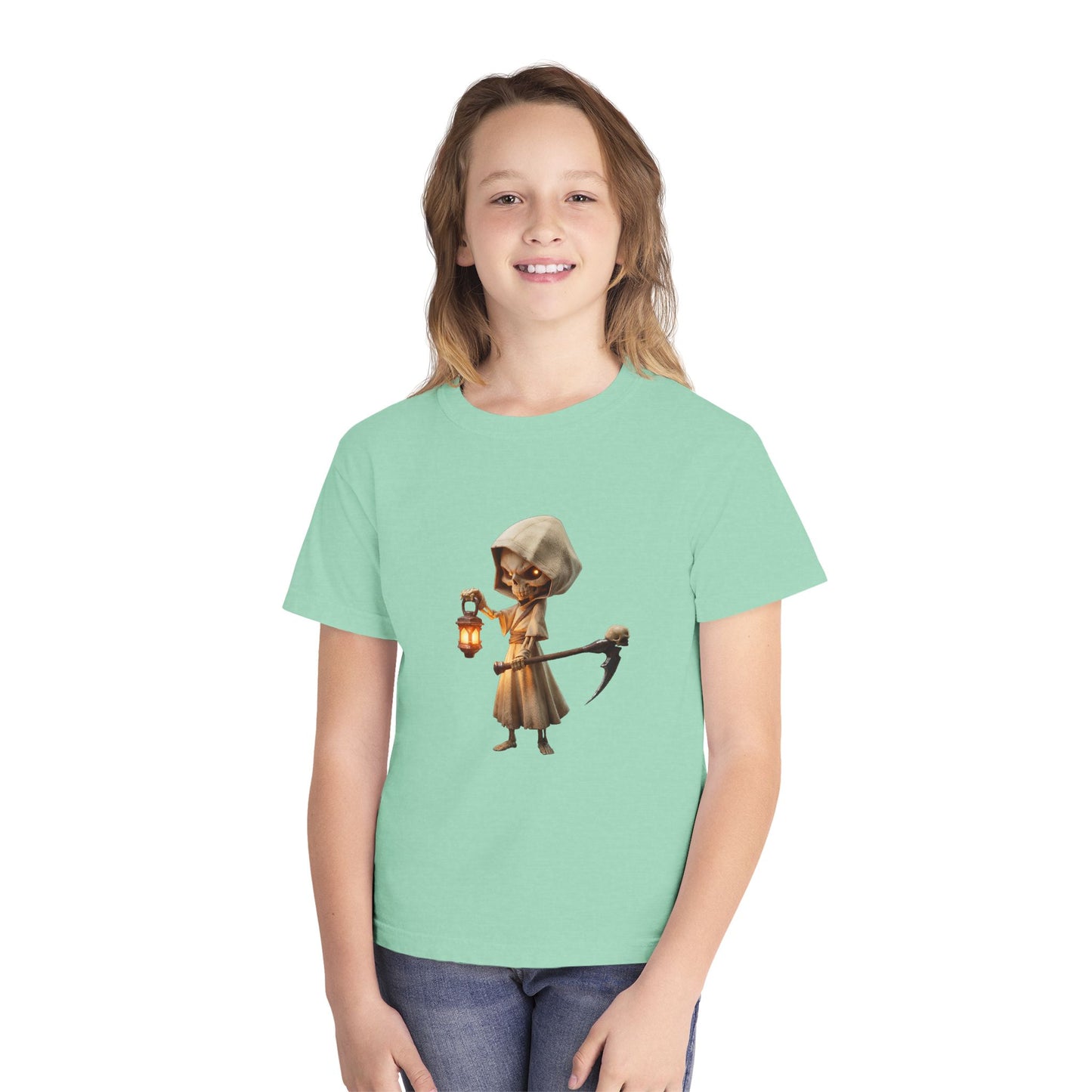 Lantern-Bearing Sentinel Youth Midweight Tee – Hooded Reaper Guardian Print