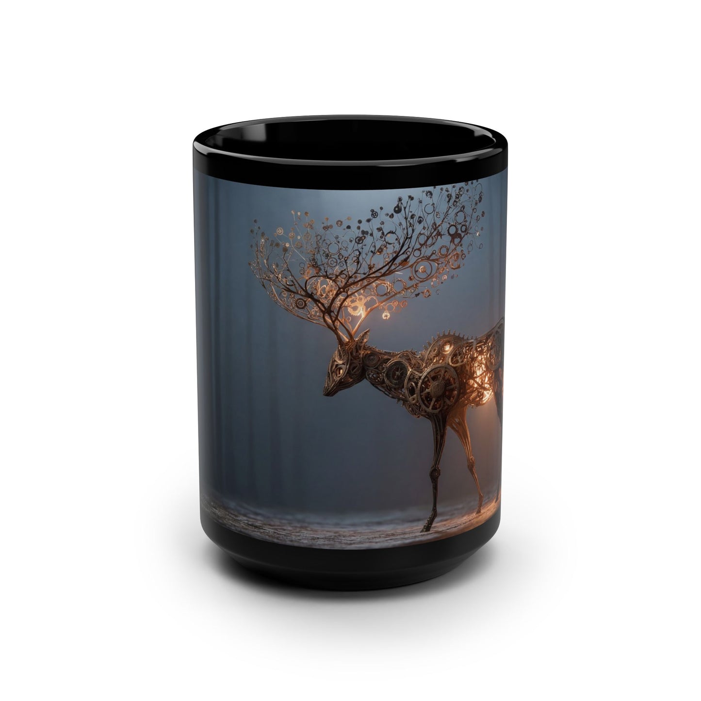 Gears of Nature Black Mug, 15oz – Clockwork Stag Forest Guardian