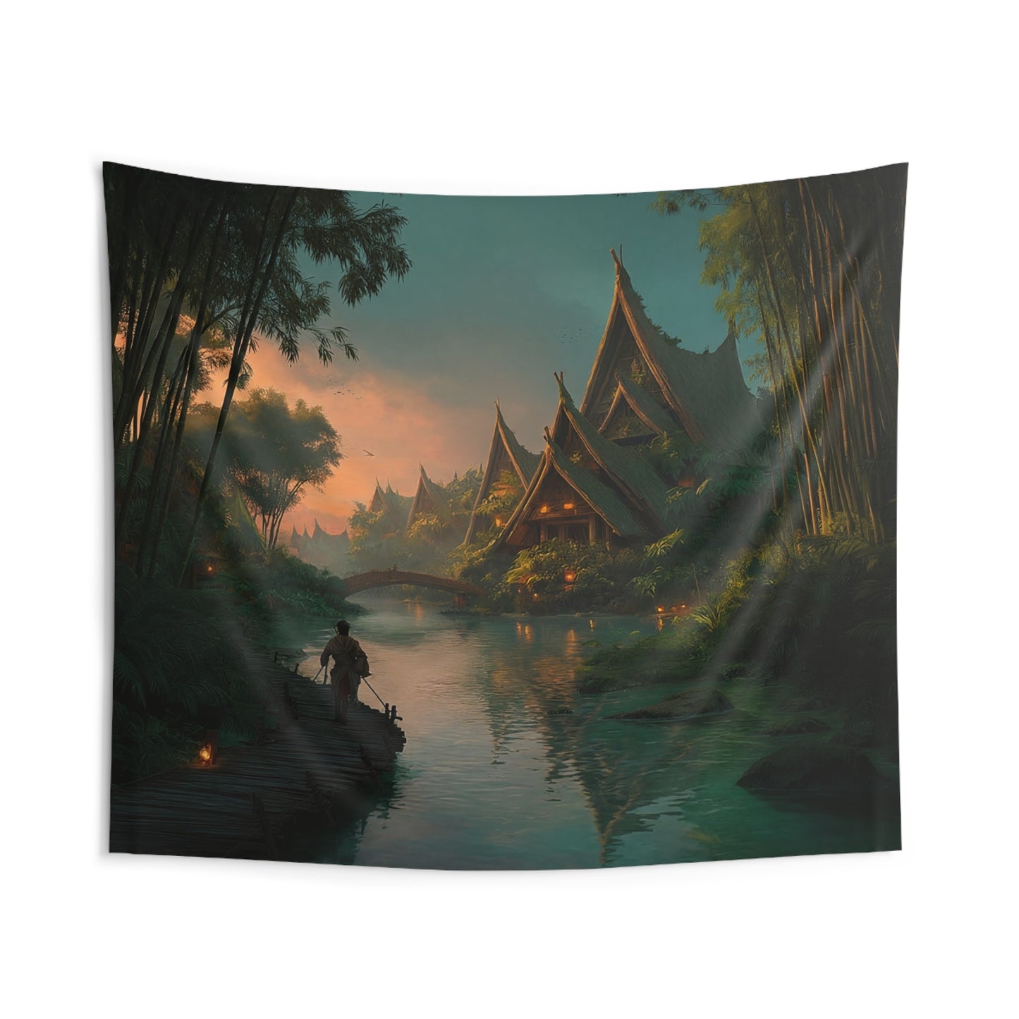 Bamboo River Village Tapestry – Twilight Canopy Overwater Path