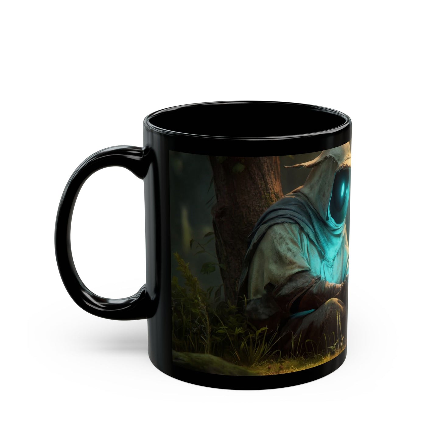 Forest Sentinel Black Mug – Glowing Eye Guardian in Twilight Grove