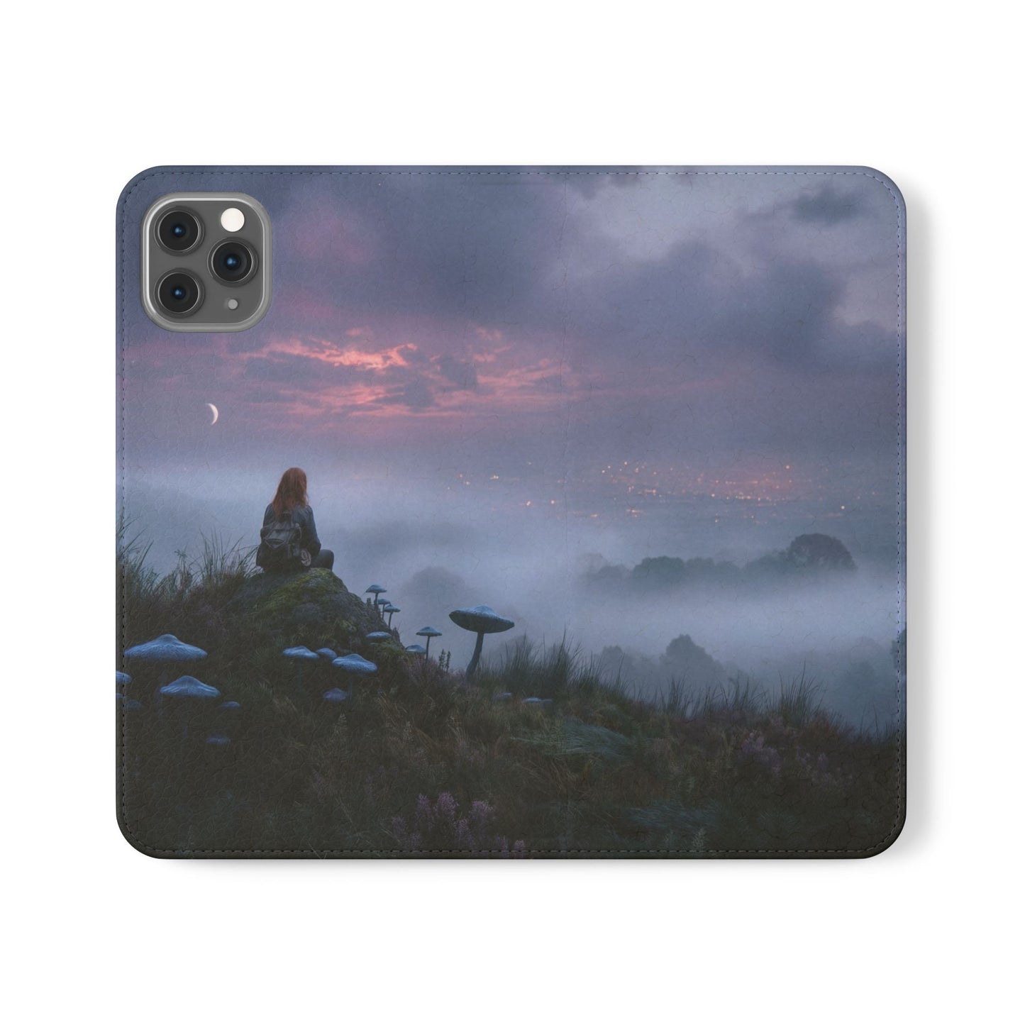 Misty Hilltop Flip Cases – Red-Haired Wanderer at Twilight
