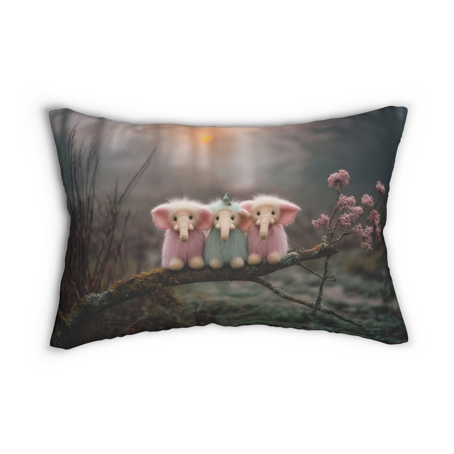 Three Tiny Elephants Lumbar Pillow – Mossy Branch Sunset Friends
