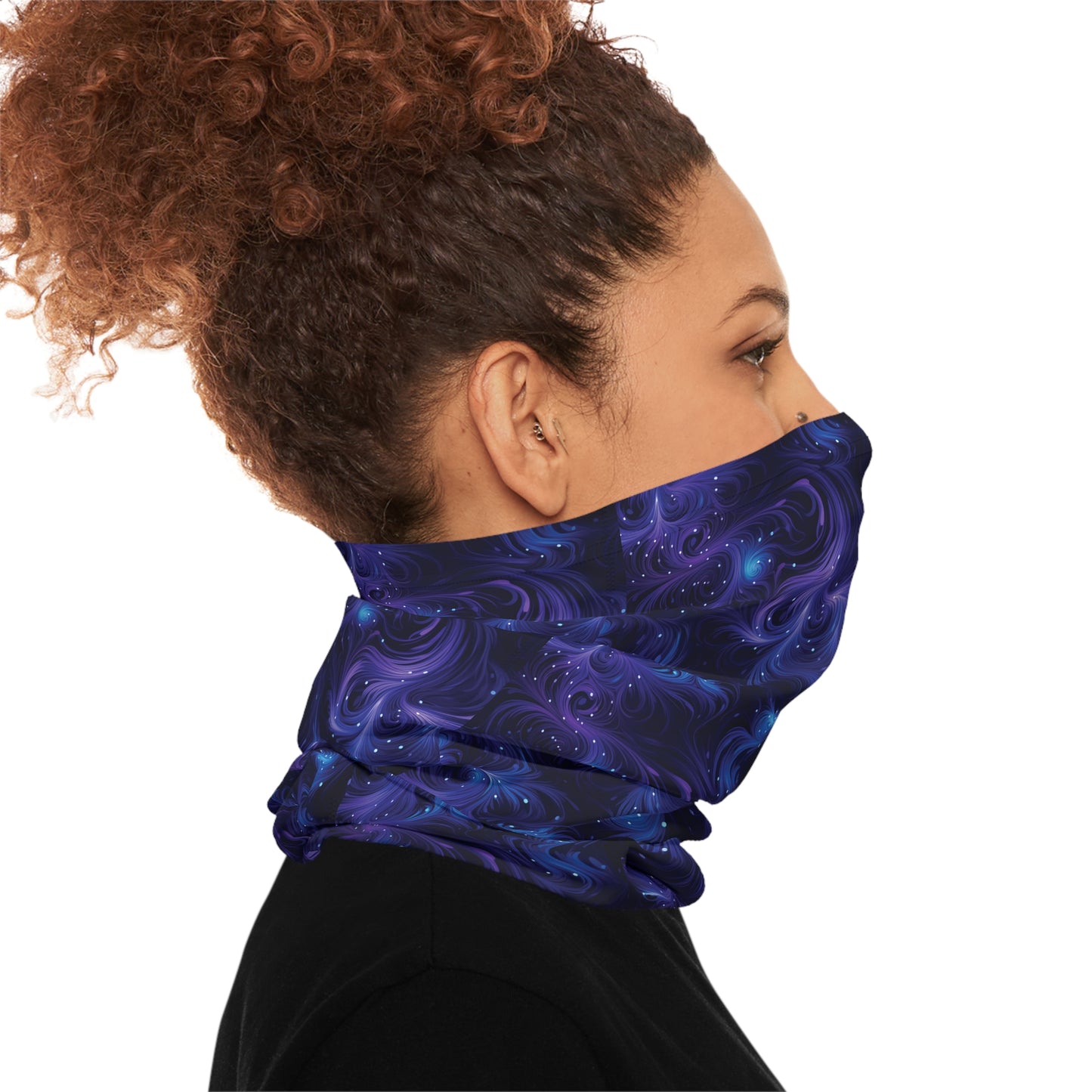 "A tiling pattern of swirling blue and purple fractal shapes reminiscent of galaxy nebulae on a midnight blue background" - Lightweight Neck Gaiter