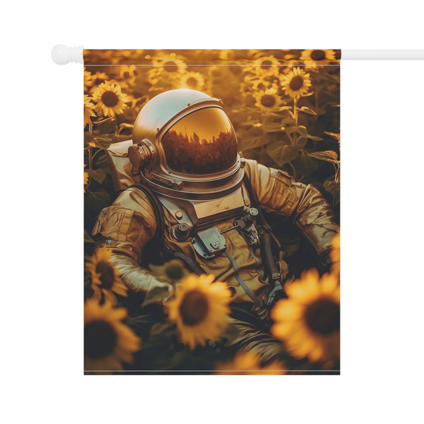 high texture quality photo of biomechanical astronaut lying in a meadow of sunflowers, golden hour, Leica 50mm, f1. 4, night - Garden & House Banner