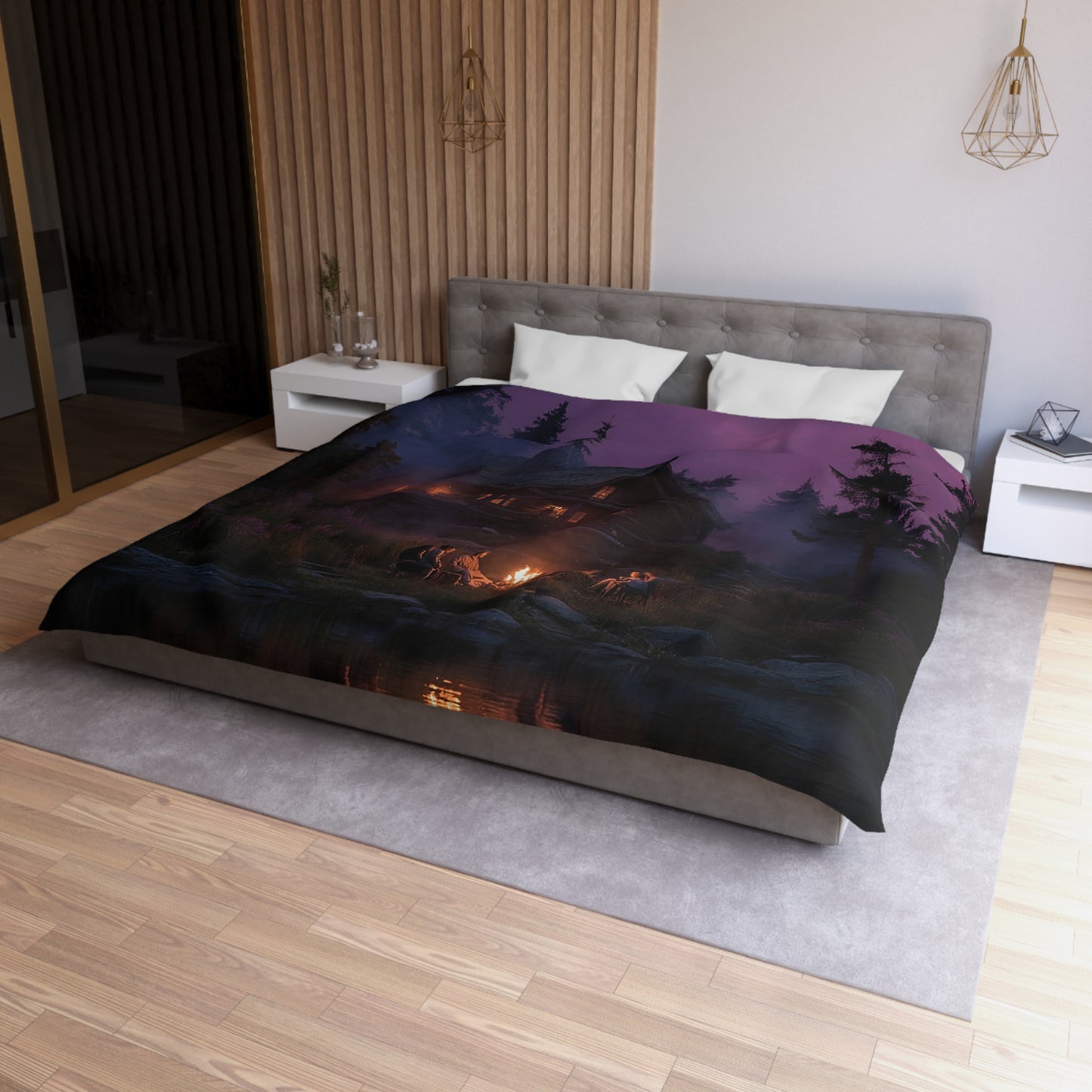 Whispering Pines Campfire Duvet Cover – Twilight Lodge Dreamscape