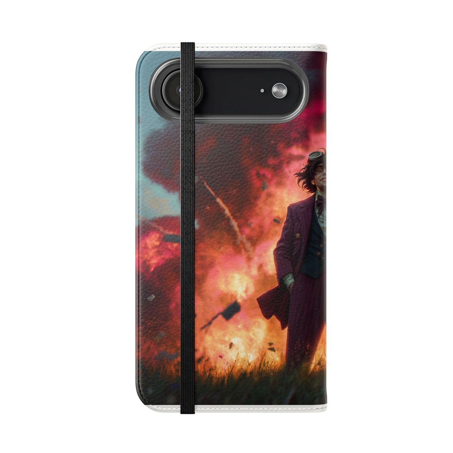 Goggles & Chaos Flip Cases – Purple Suit Amidst Fiery Explosion