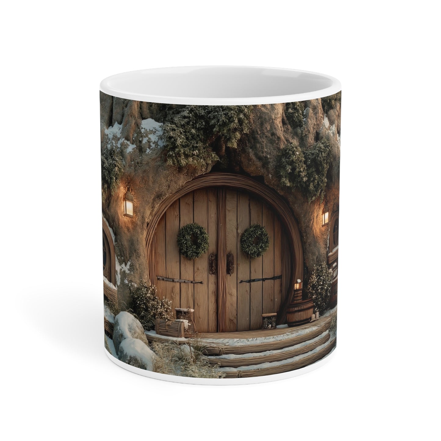 Winter Hollow Treehouse Mug – Warm Hearth Glow in Snow