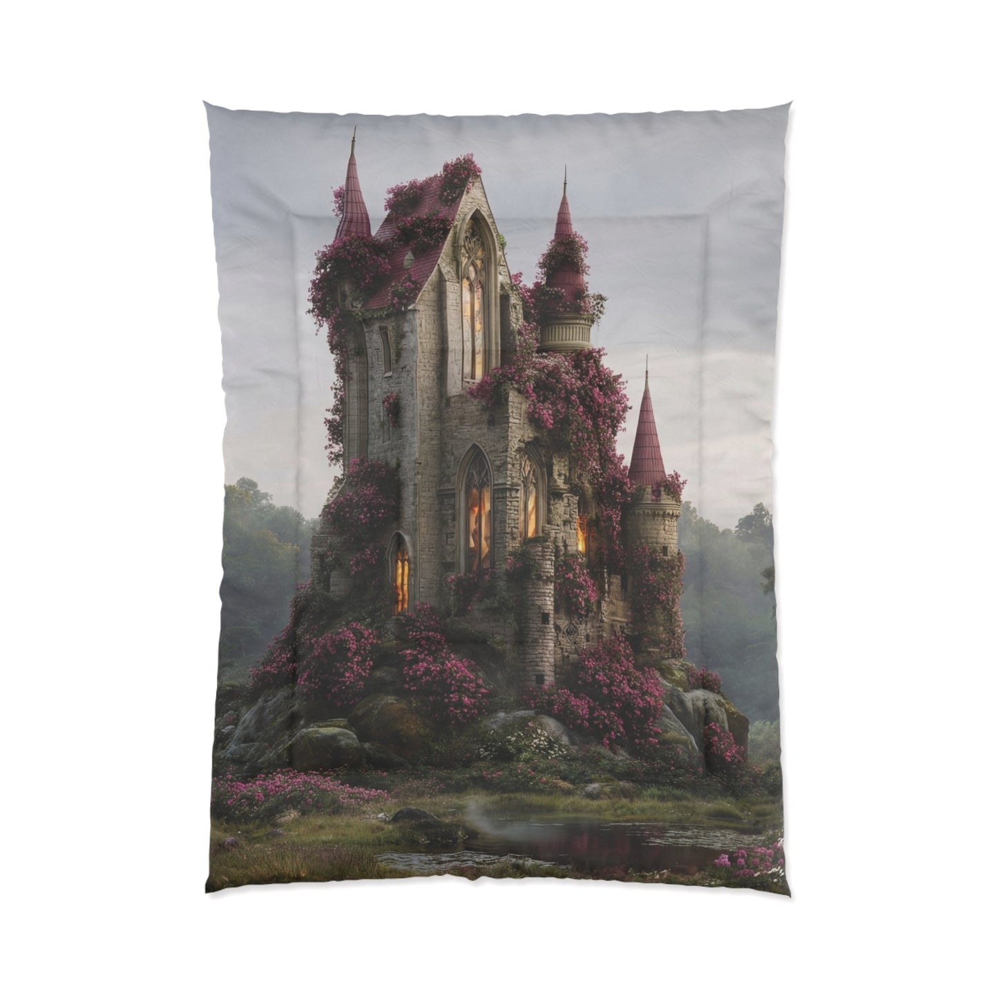 Rose-Spangled Castle Comforter – Whispering Dawn in the Wildwood