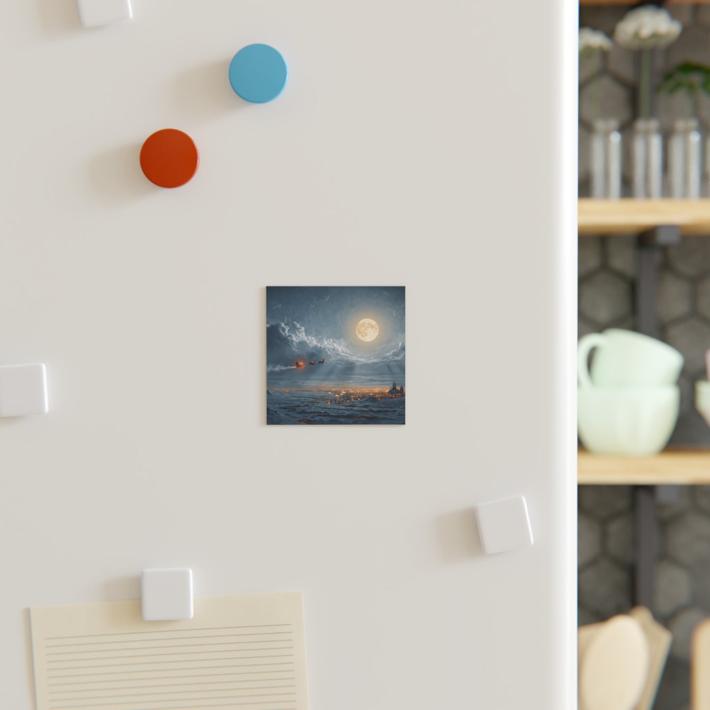 Lunar Sleigh Ride Square Magnet – Midnight Frost Over Snow-Covered Town