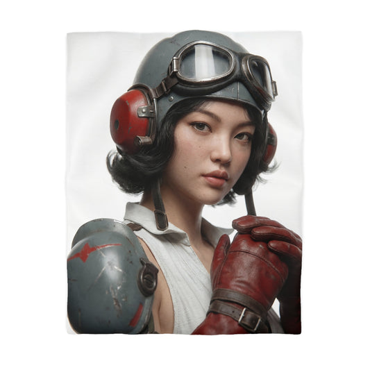 Vintage Pilot Portrait Microfiber Duvet Cover – Crimson Goggles & Steel Helm
