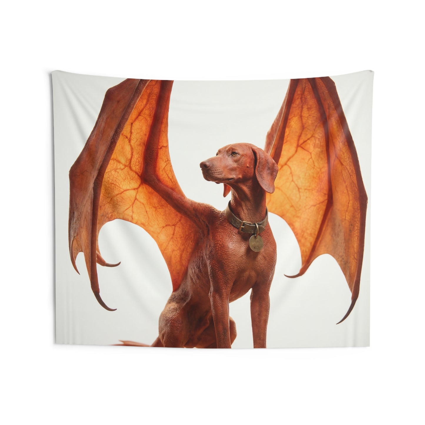Winged Canine Sentinel Indoor Wall Tapestries – Amber Glow Against Soft Sky