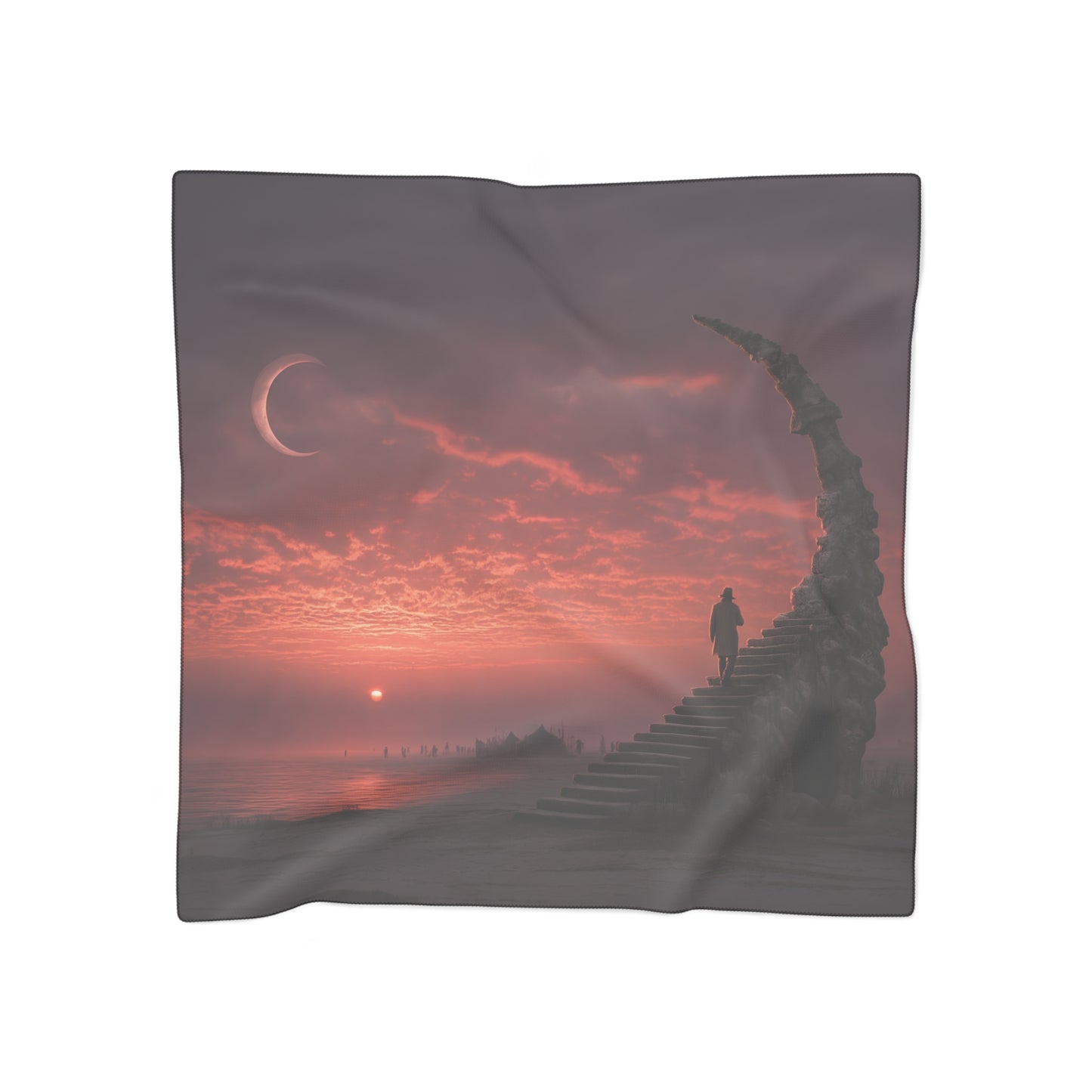 Lone Traveler Ascends Stone Staircase Scarf – Crimson Sky Odyssey