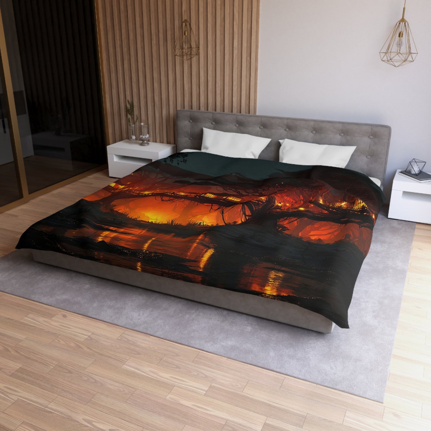 Treehouse Village Duvet Cover – Warm Glow Under Starlit Canopy