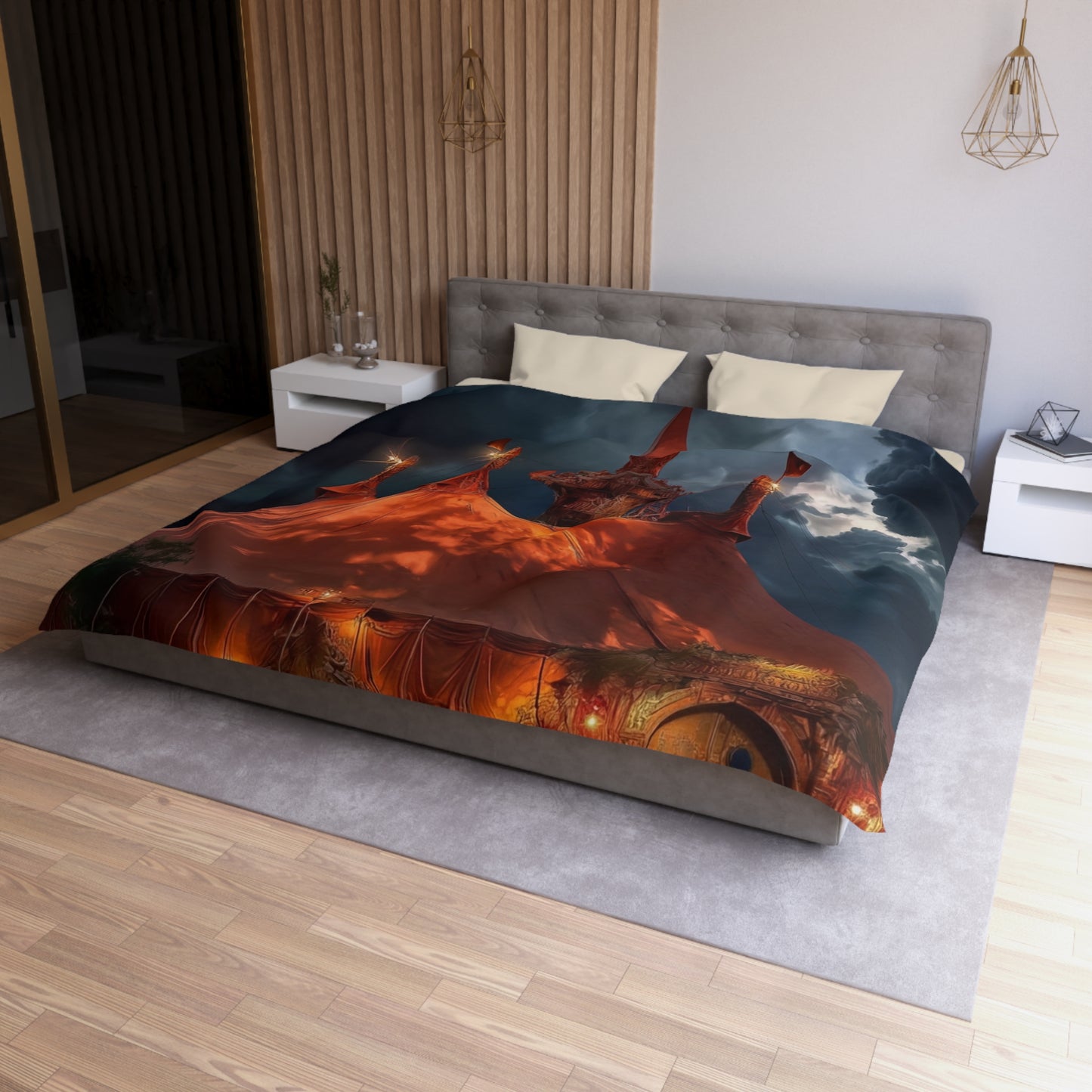 Crimson Carnival Tent Duvet Cover – City Lights Under Stormy Skies