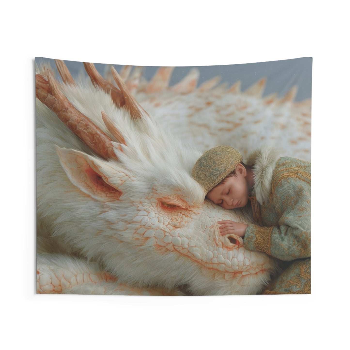 Child and White Dragon Indoor Wall Tapestries – Snowbound Serenity Dreamscape