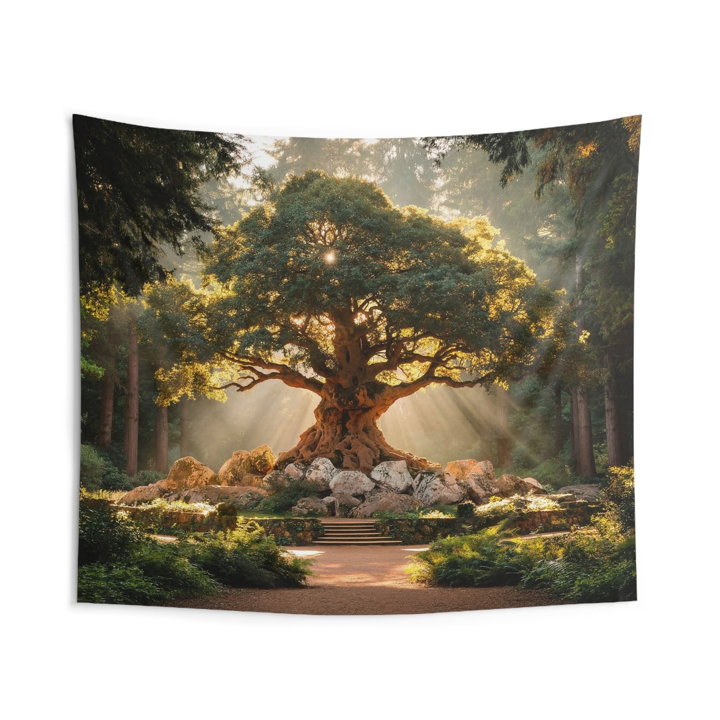 Sunlit Ancient Grove Tapestry – Golden Rayed Wisdom Tree