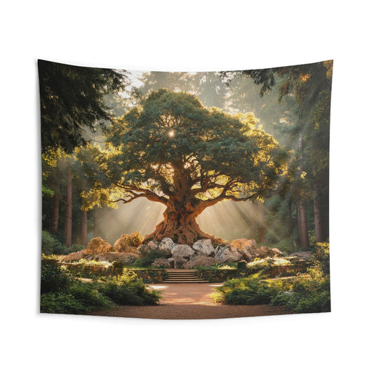 Sunlit Ancient Grove Tapestry – Golden Rayed Wisdom Tree