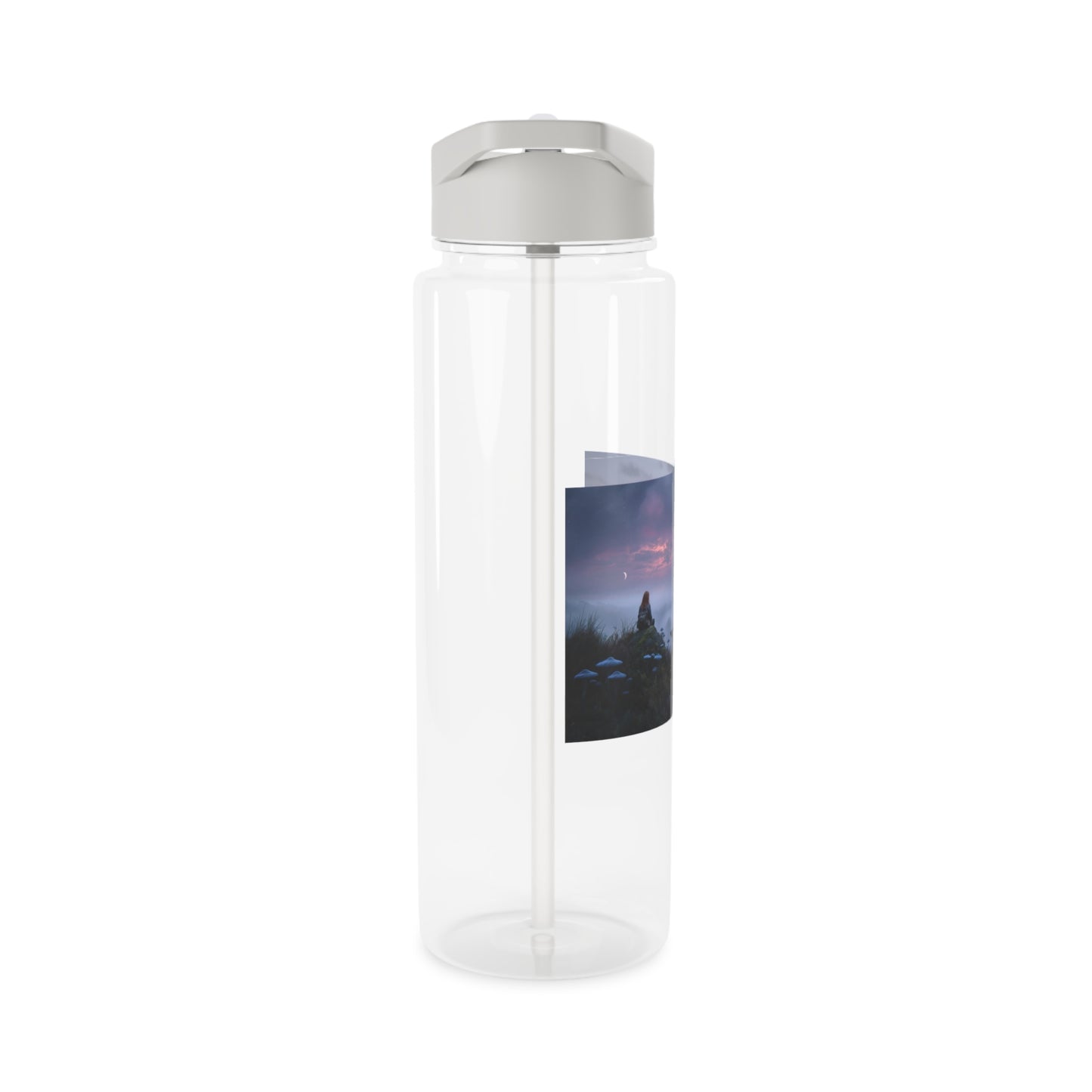 Twilight Hilltop Tritan Water Bottle – Mossy Rock and Crescent Moon Vignette