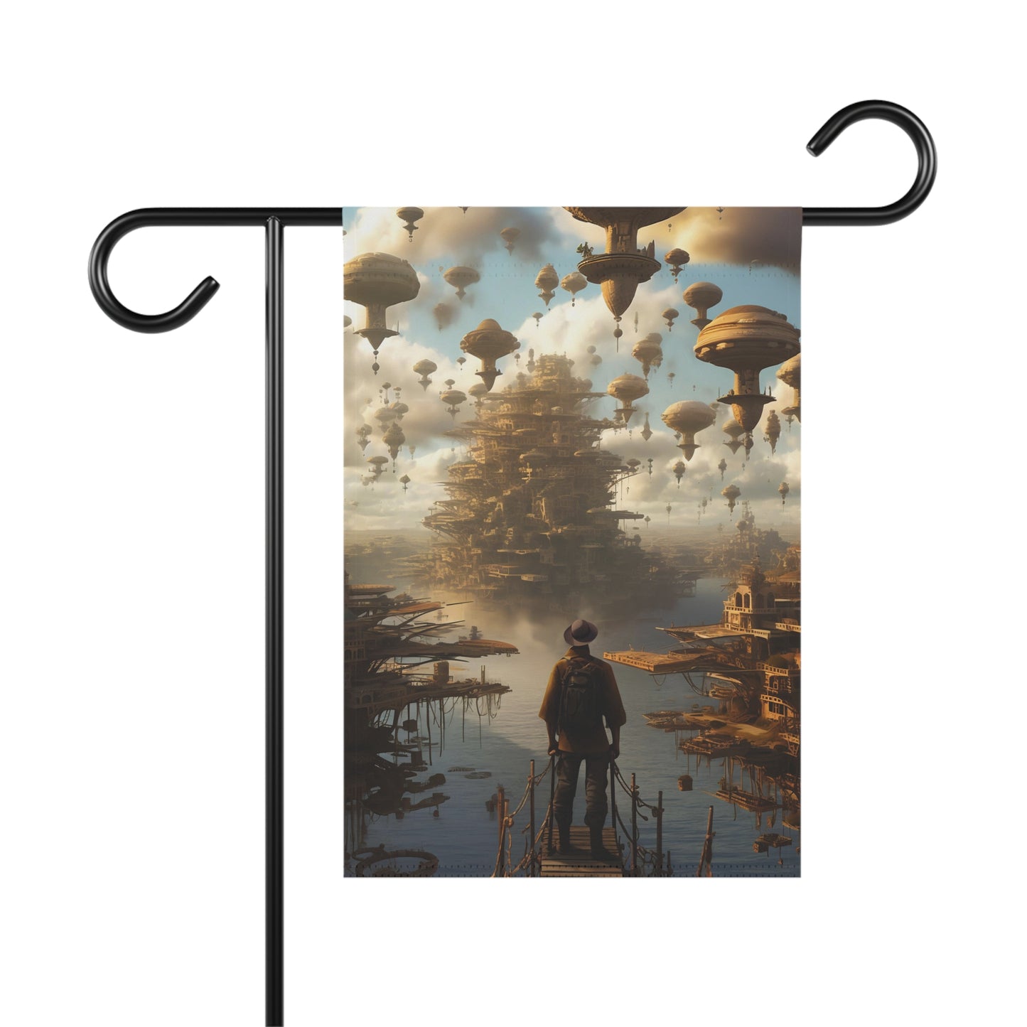 A fantasy-inspired scene featuring floating cities integrated into the Man at Burning Man - Garden & House Banner