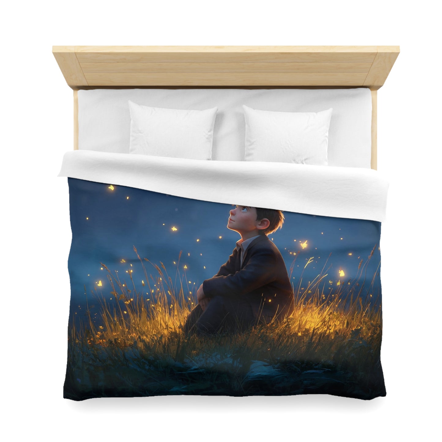 Boy Among Fireflies Microfiber Duvet Cover – Twilight Whispers and Gentle Glow