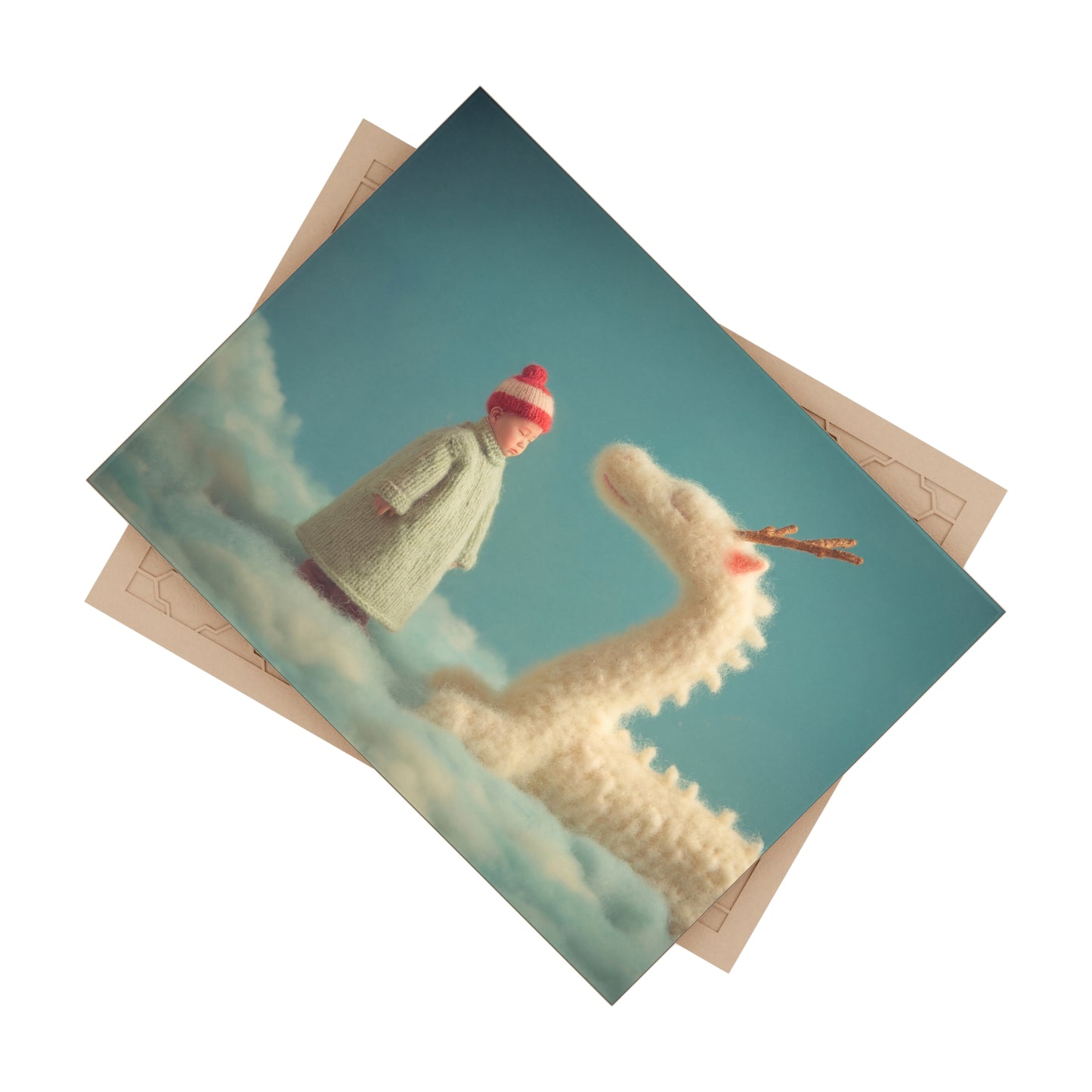 Knitted Dragon and Child Ceramic Photo Tile – Quiet Skyward Whispers
