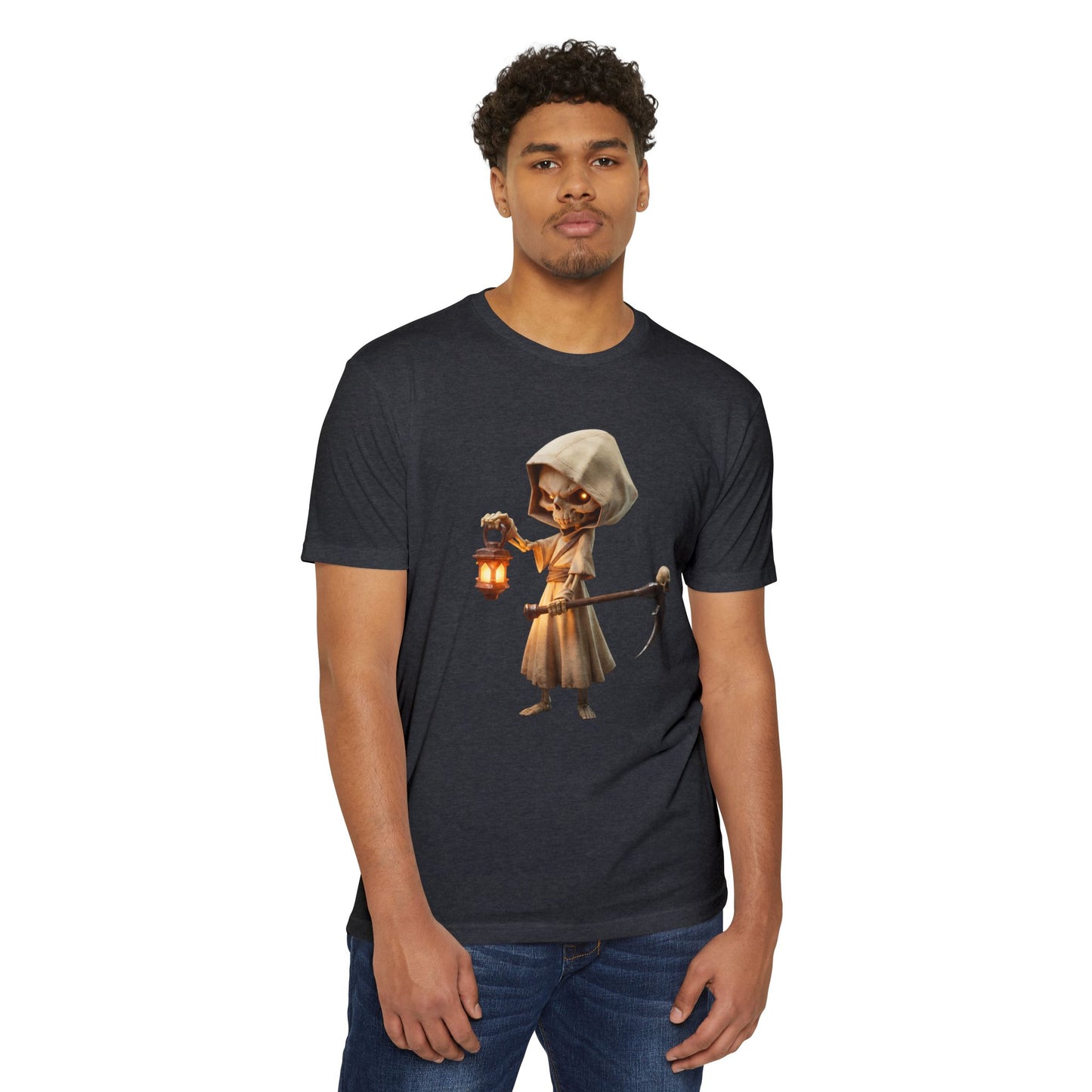 Lantern-Bearing Grim Reaper T-shirt – Hooded Sentinel with Scythe
