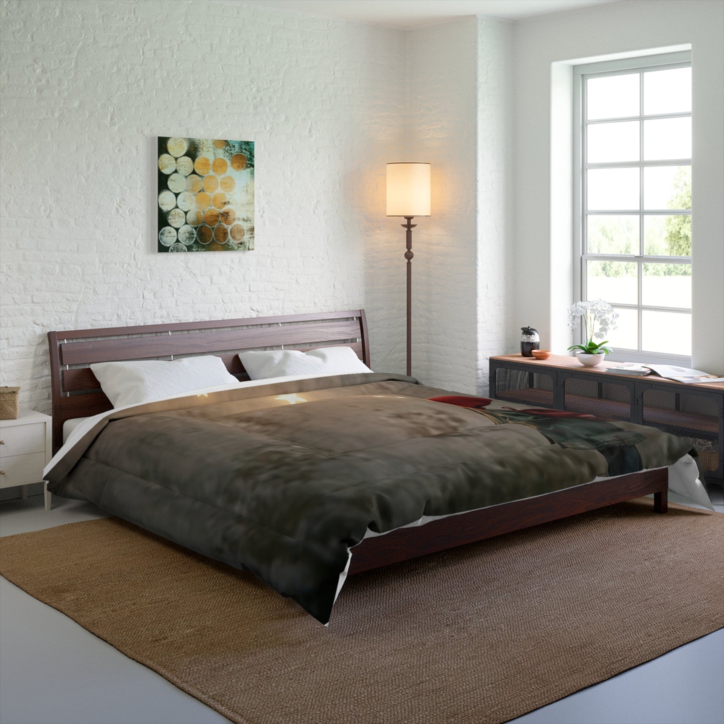 Child Gazing at Star Constellation Comforter – Warm Glow Against Urban Walls