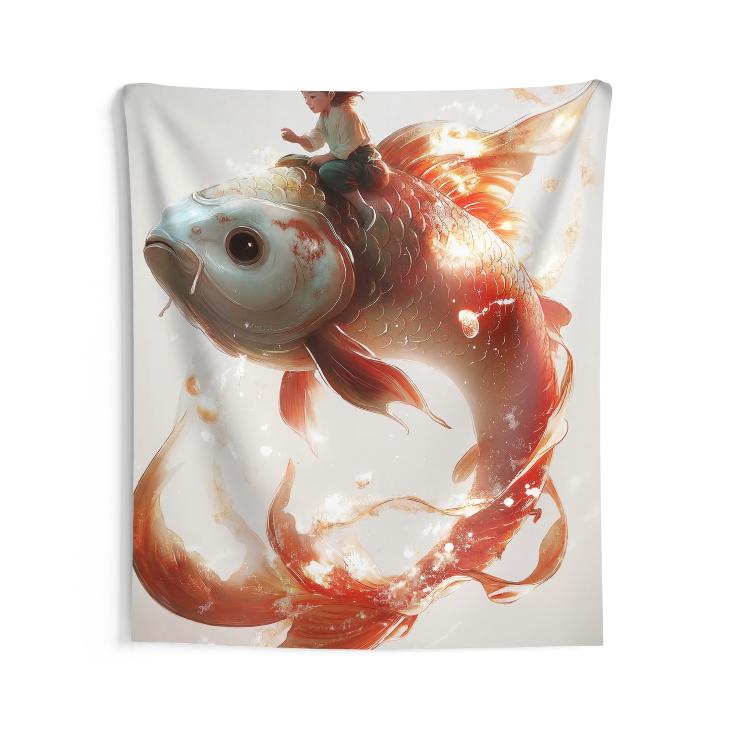 Child on Glowing Goldfish Indoor Wall Tapestries – Whimsical Journey Through Liquid Light