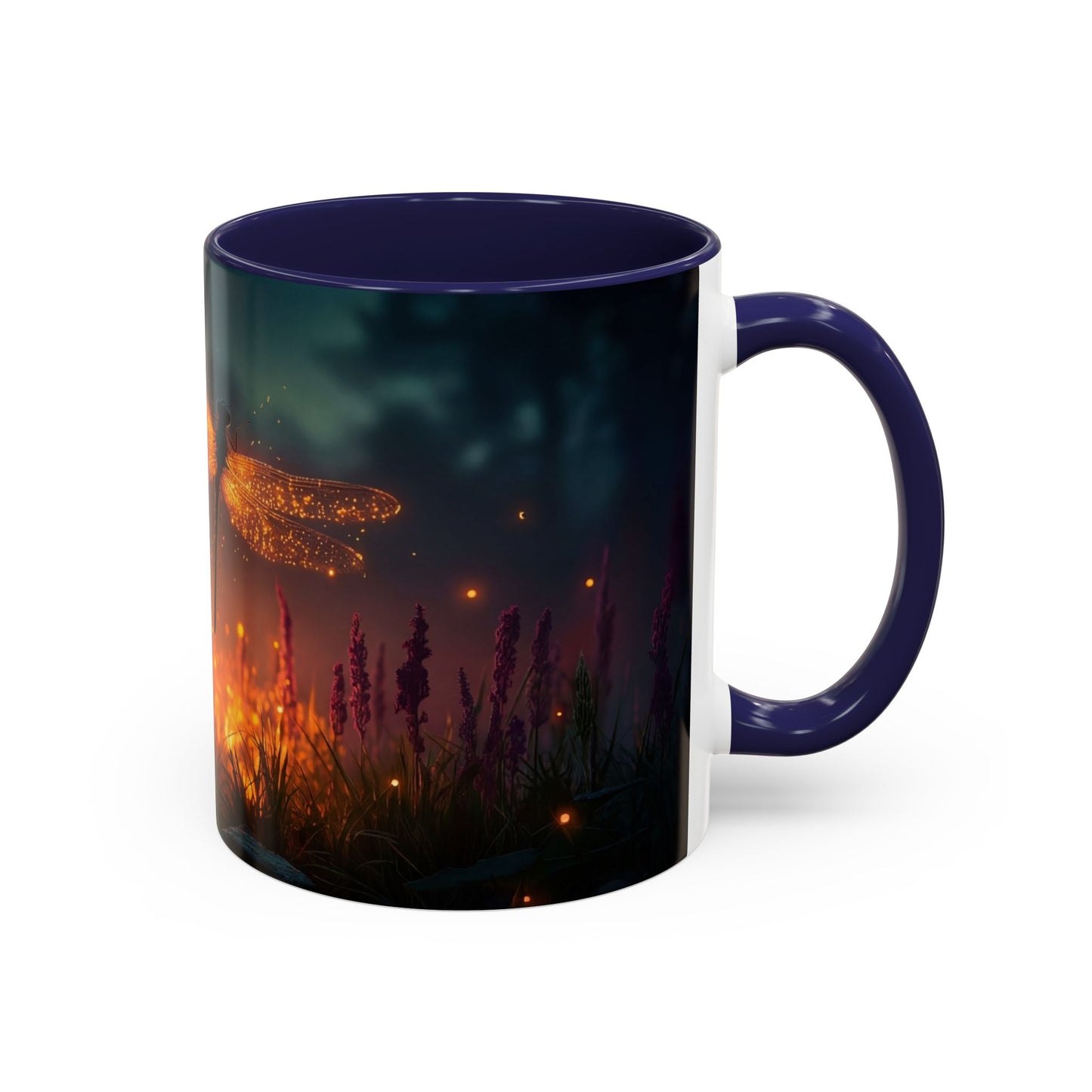 Firefly Dragonfly Accent Coffee Mug (11, 15oz) – Twilight Luminescence Over Meadow
