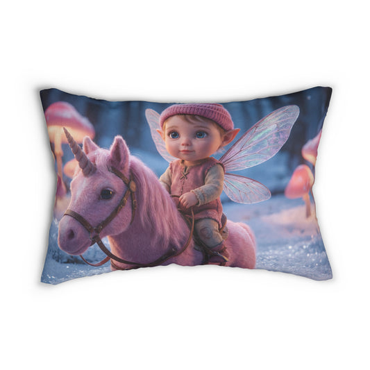 Winter Fairy Riding Unicorn Lumbar Pillow – Pink Snowglobe Fantasy