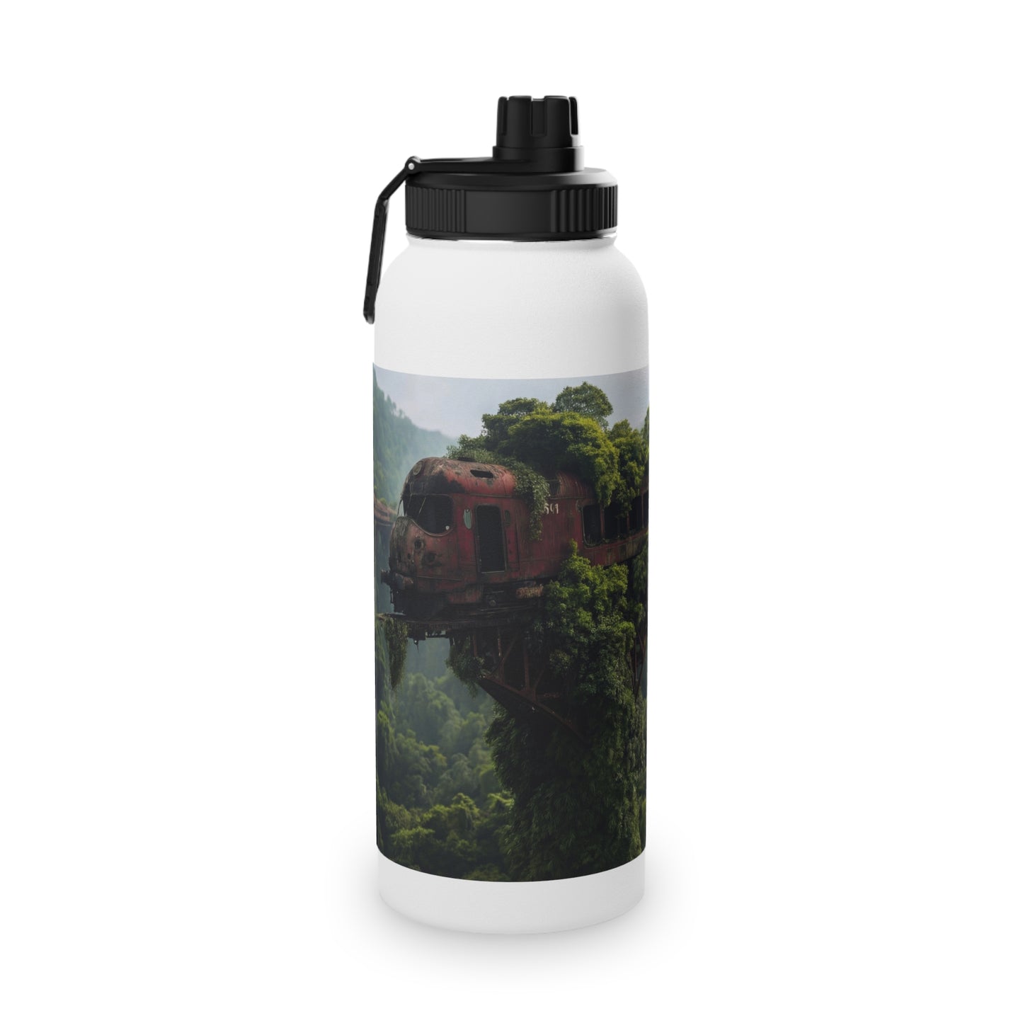 Abandoned Train Through Verdant Canopy Stainless Steel Water Bottle, Sports Lid – Timeless Forest Journey