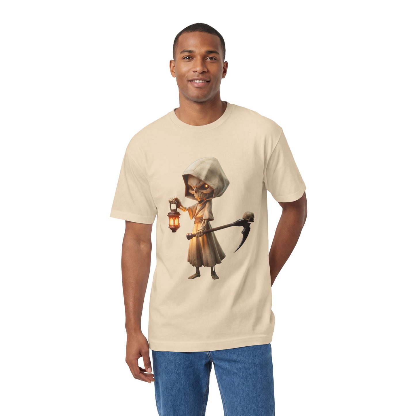 Lantern-Bearing Reaper Unisex Classic Tee – Hooded Guardian with Scythe