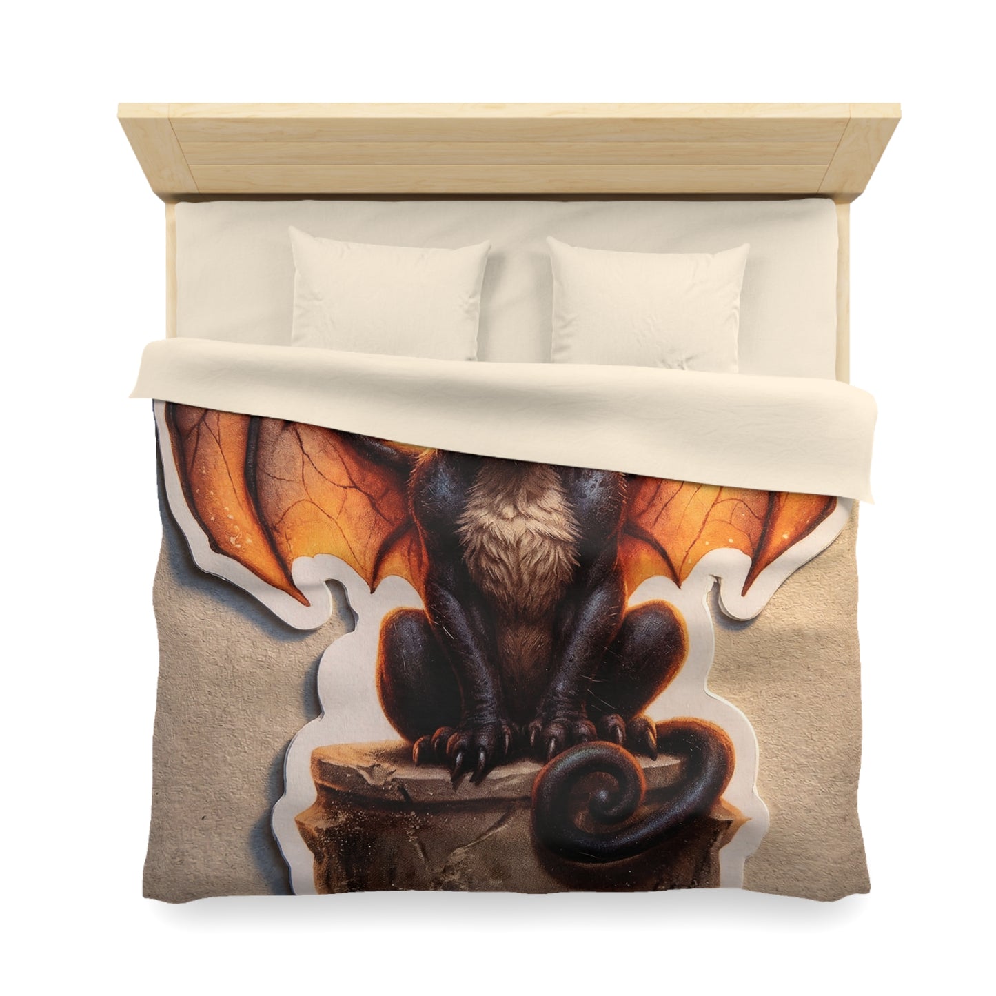Winged Feline Guardian Microfiber Duvet Cover – Amber Glow in Midnight Stillness