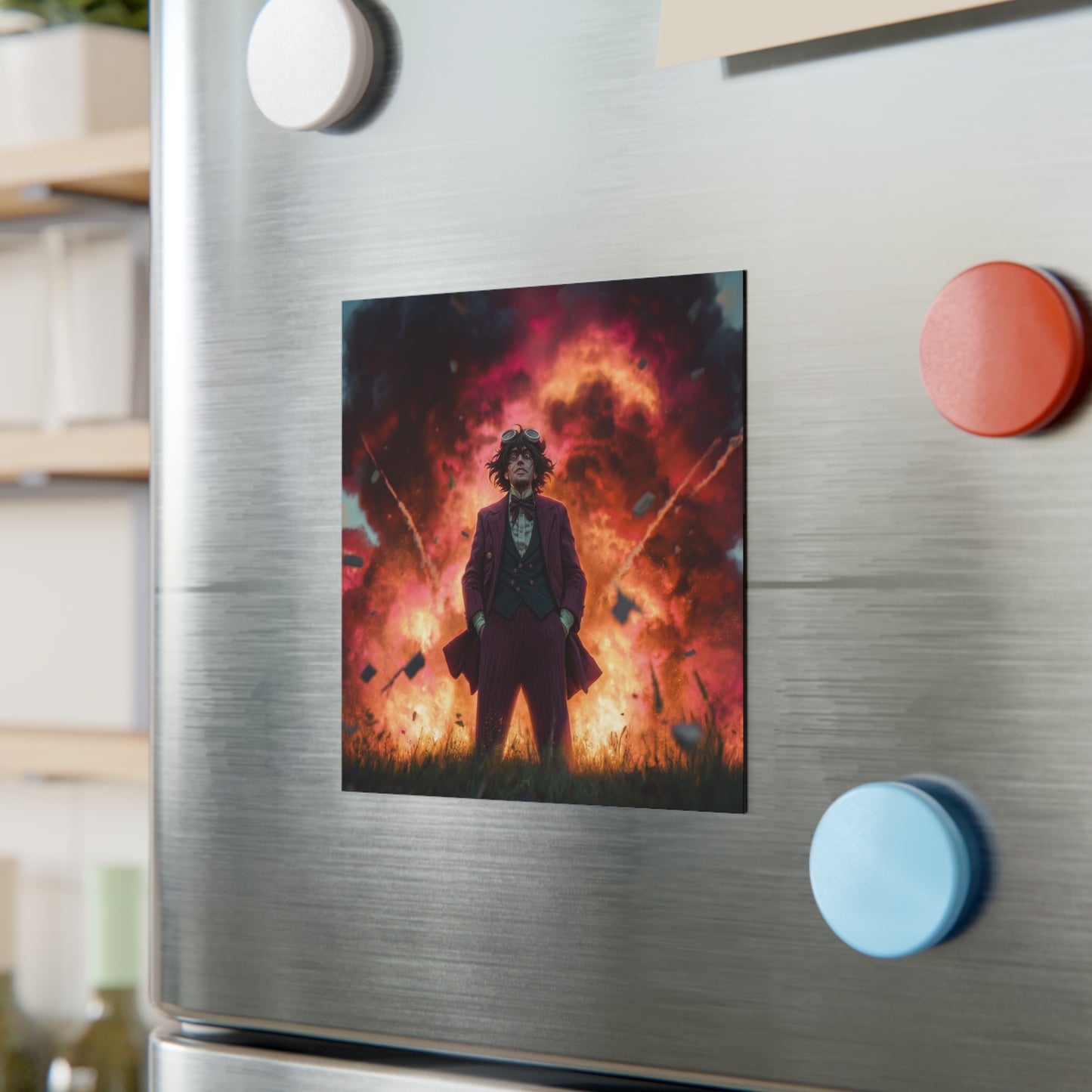 Mad Scientist Amidst Crimson Explosion Magnet – Unflinching Calm in Chaos