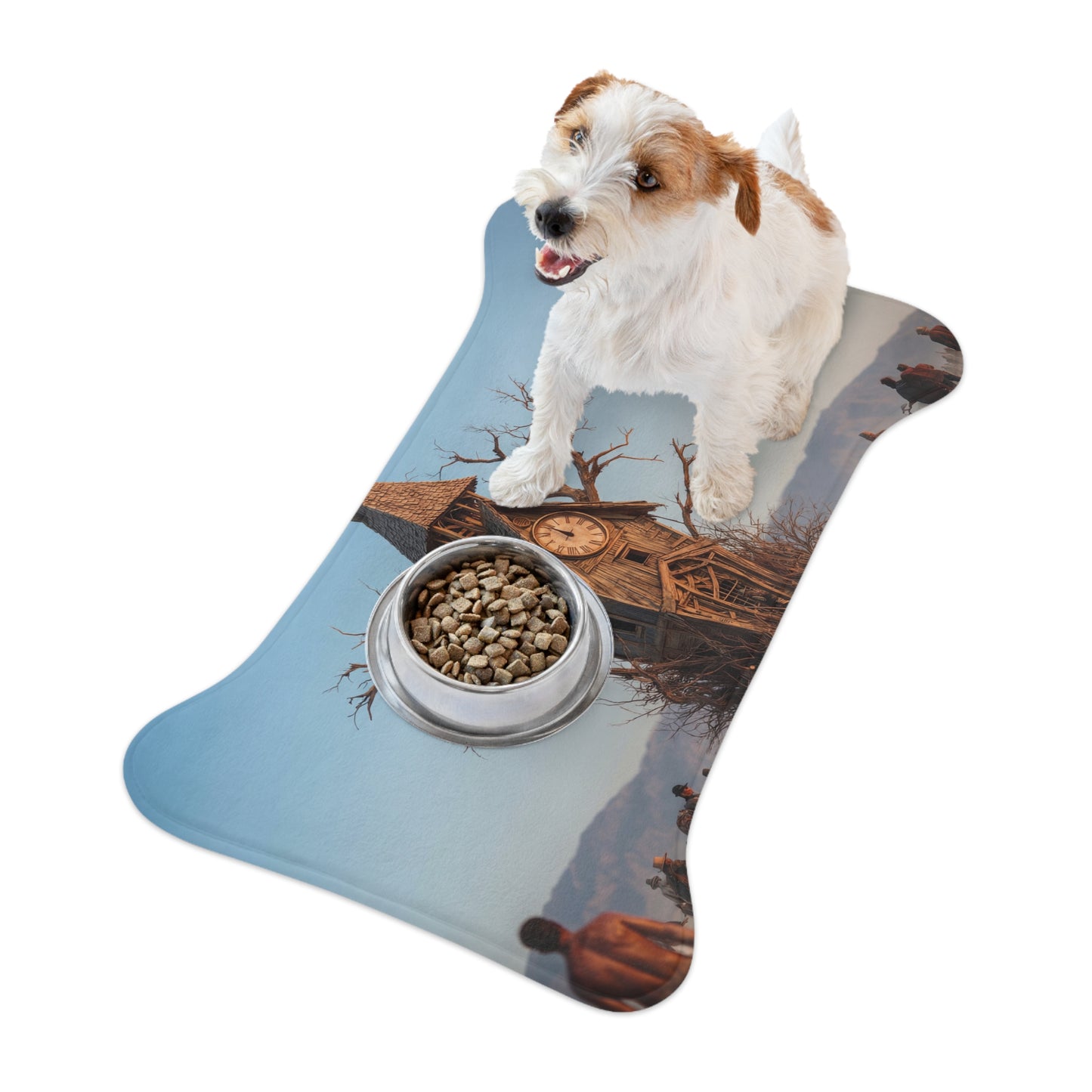 Driftwood Clock Tower Pet Feeding Mats – Post-Apocalyptic Travellers Scene