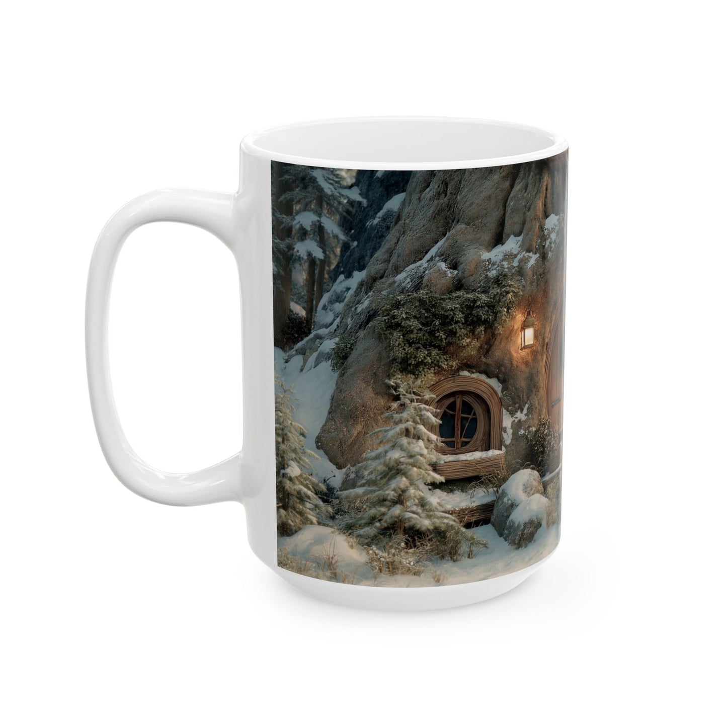 Winter Treehouse Doorway Mug – Snowbound Hearth Glow Ceramic (11oz, 15oz)