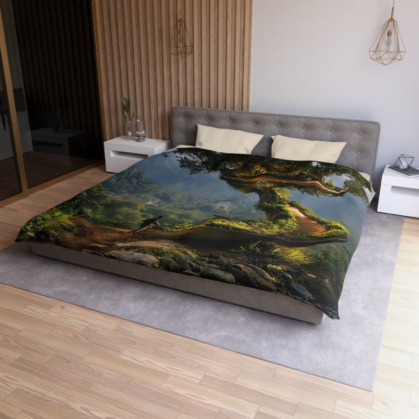 Treehouse Sanctuary Microfiber Duvet Cover – Spiral Stairway to a Mountain Haven