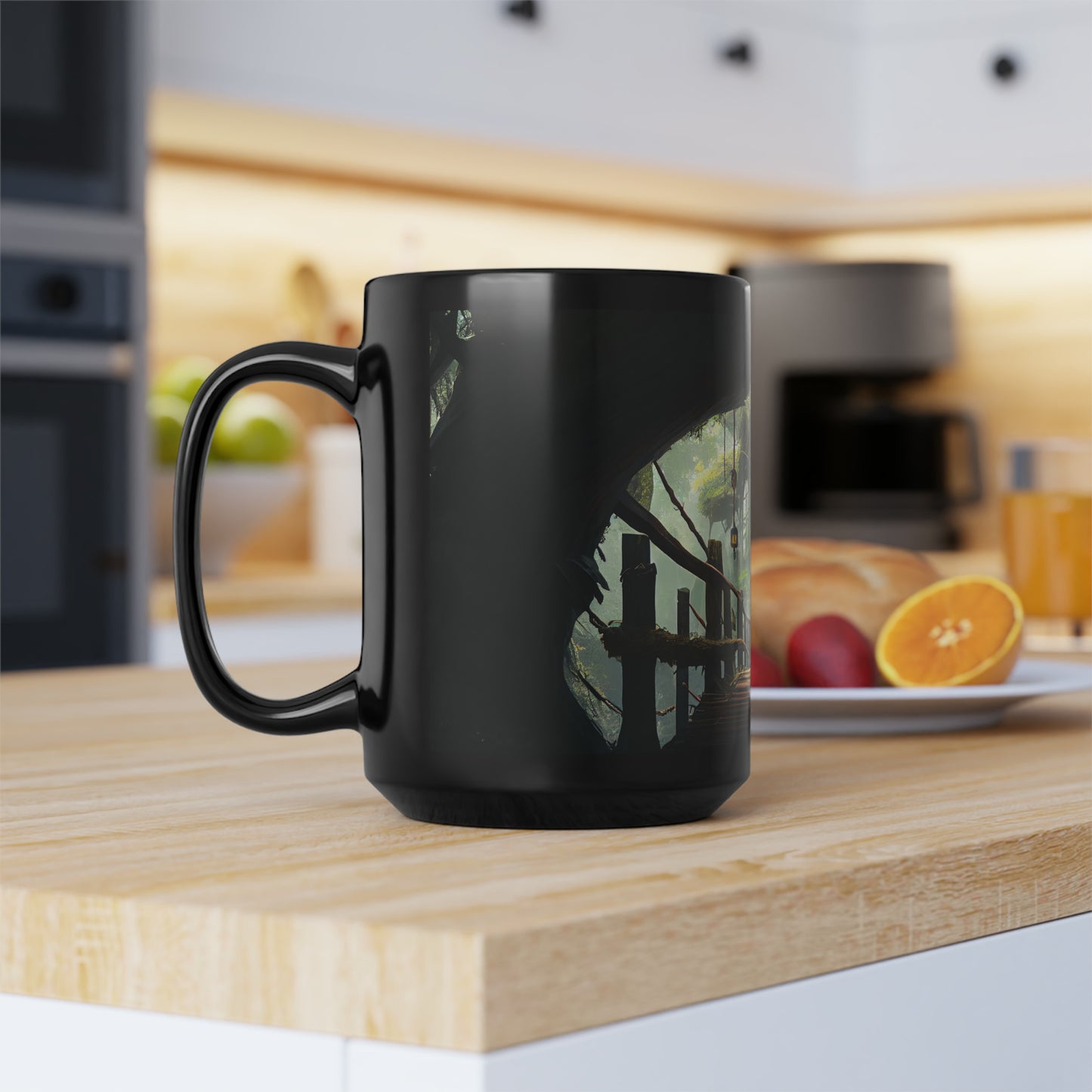 a dnd adventurer standing on a rope bridge between two giant trees among a treetop village in the forest - Mug, Black