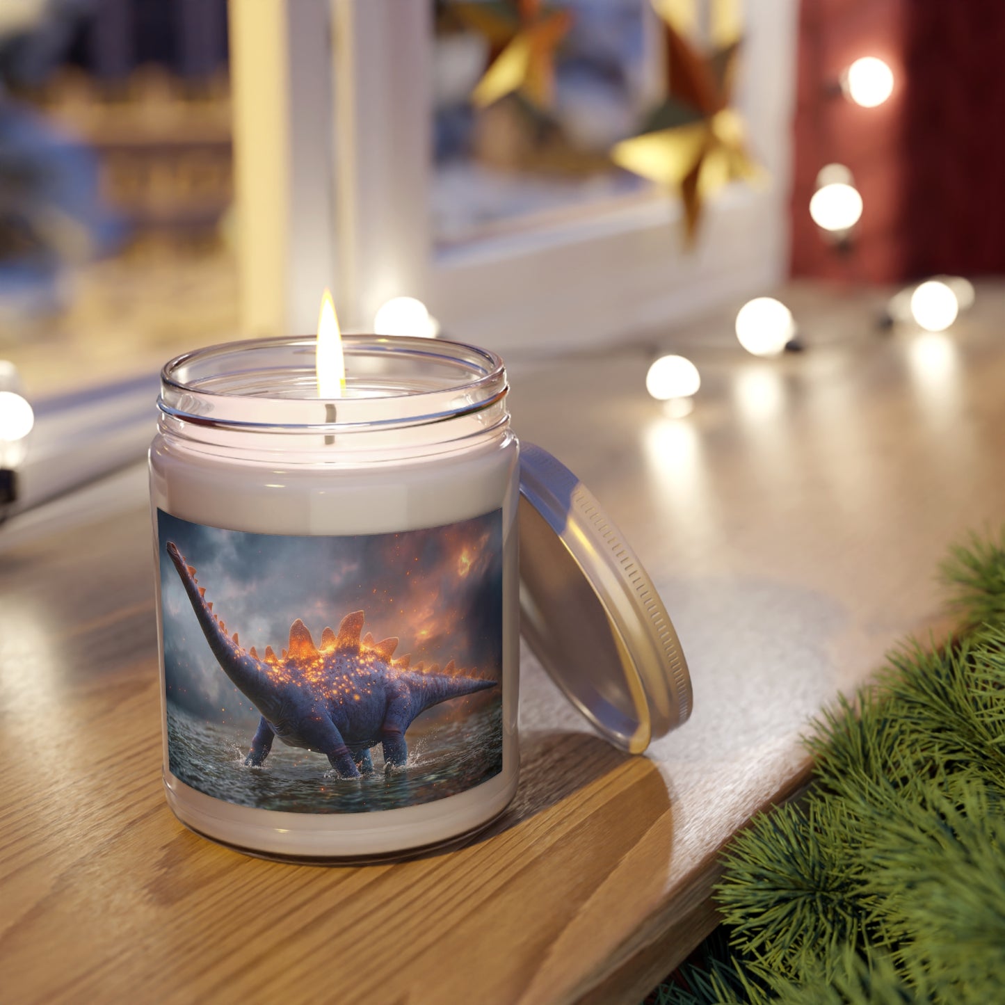 Celestial Stegosaurus Scented Soy Candles with White Lid, 9oz – Amber Glow in the Prehistoric Dawn